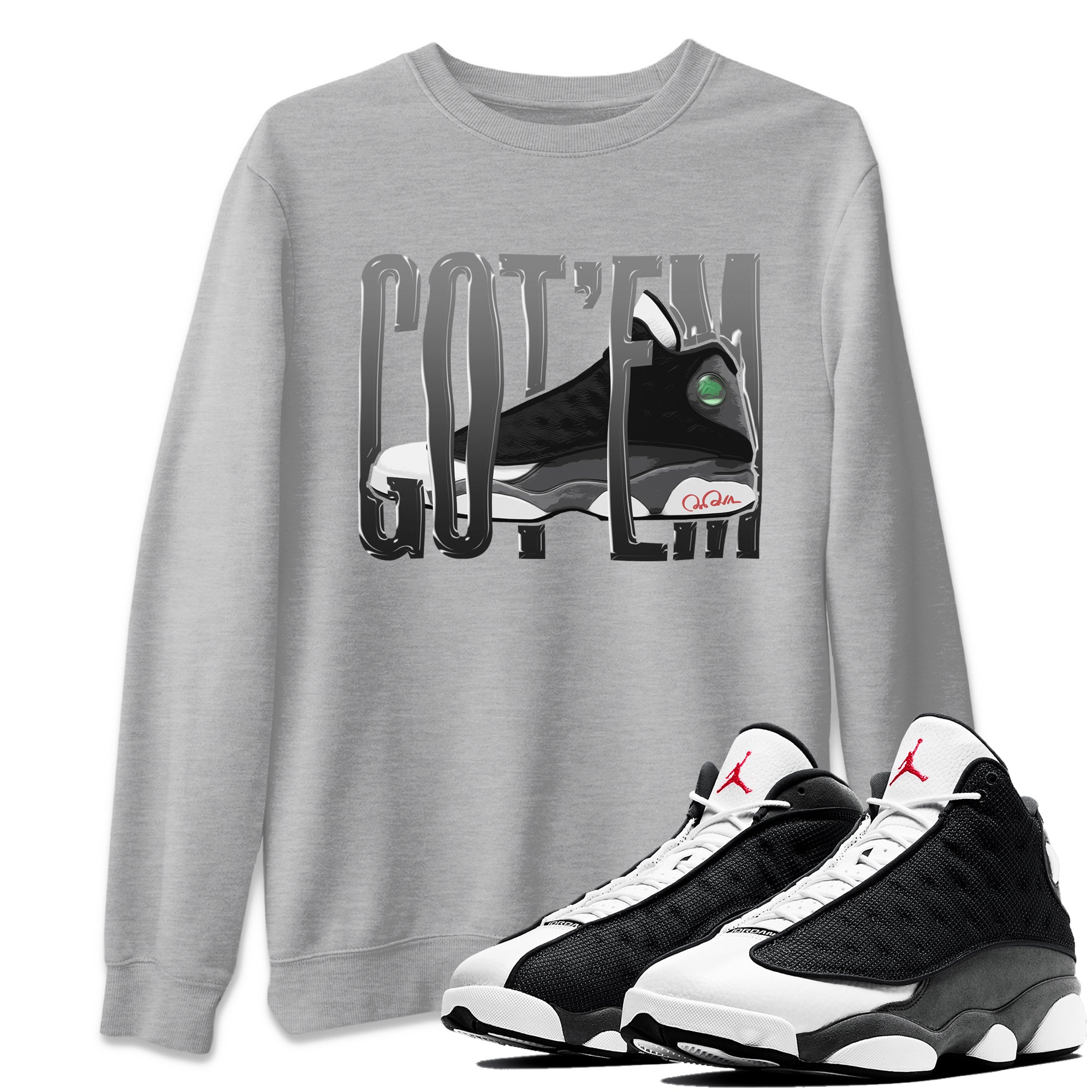 Air Jordan 13 Black Flint Sneaker Match Tees Wiggling Gotem Streetwear Sneaker Shirt AJ13 Retro Black Flint Sneaker Release Tees Unisex Shirts Heather Grey 1