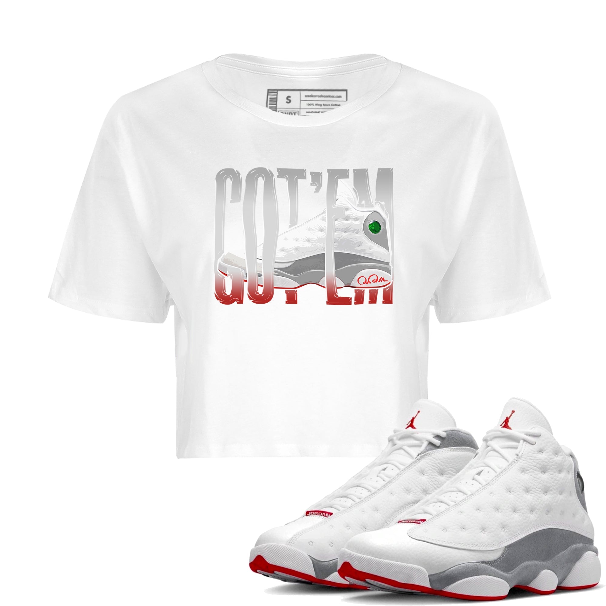 Air Jordan 13 Wolf Grey Sneaker Match Tees Wiggling Gotem Streetwear Sneaker Shirt AJ13 Wolf Grey Sneaker Release Tees Women's Shirts White 1