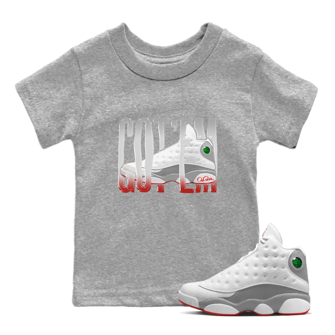Air Jordan 13 Wolf Grey Sneaker Match Tees Wiggling Gotem Streetwear Sneaker Shirt AJ13 Wolf Grey Sneaker Release Tees Kids Shirts Heather Grey 1
