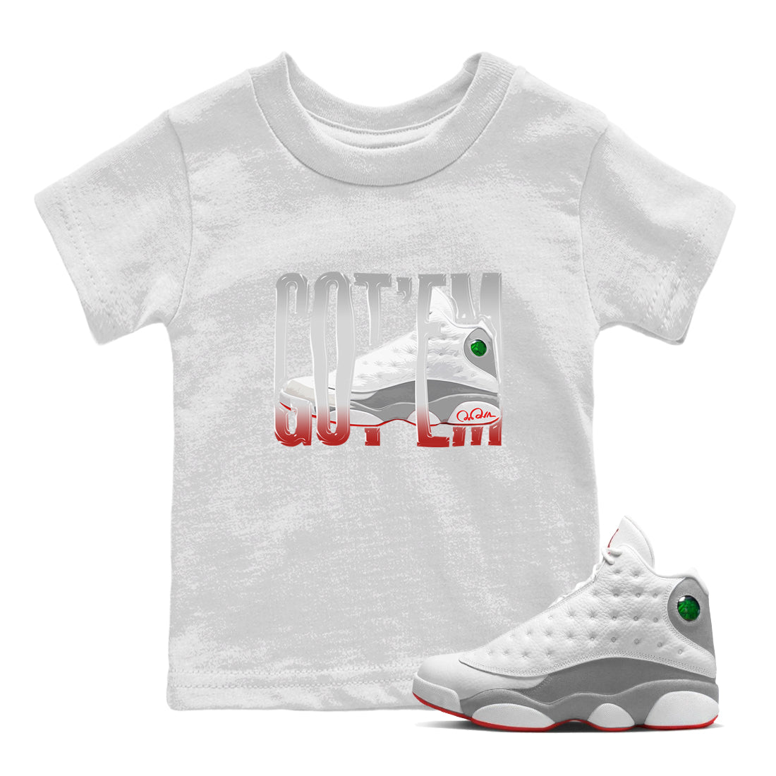 Air Jordan 13 Wolf Grey Sneaker Match Tees Wiggling Gotem Streetwear Sneaker Shirt AJ13 Wolf Grey Sneaker Release Tees Kids Shirts White 1