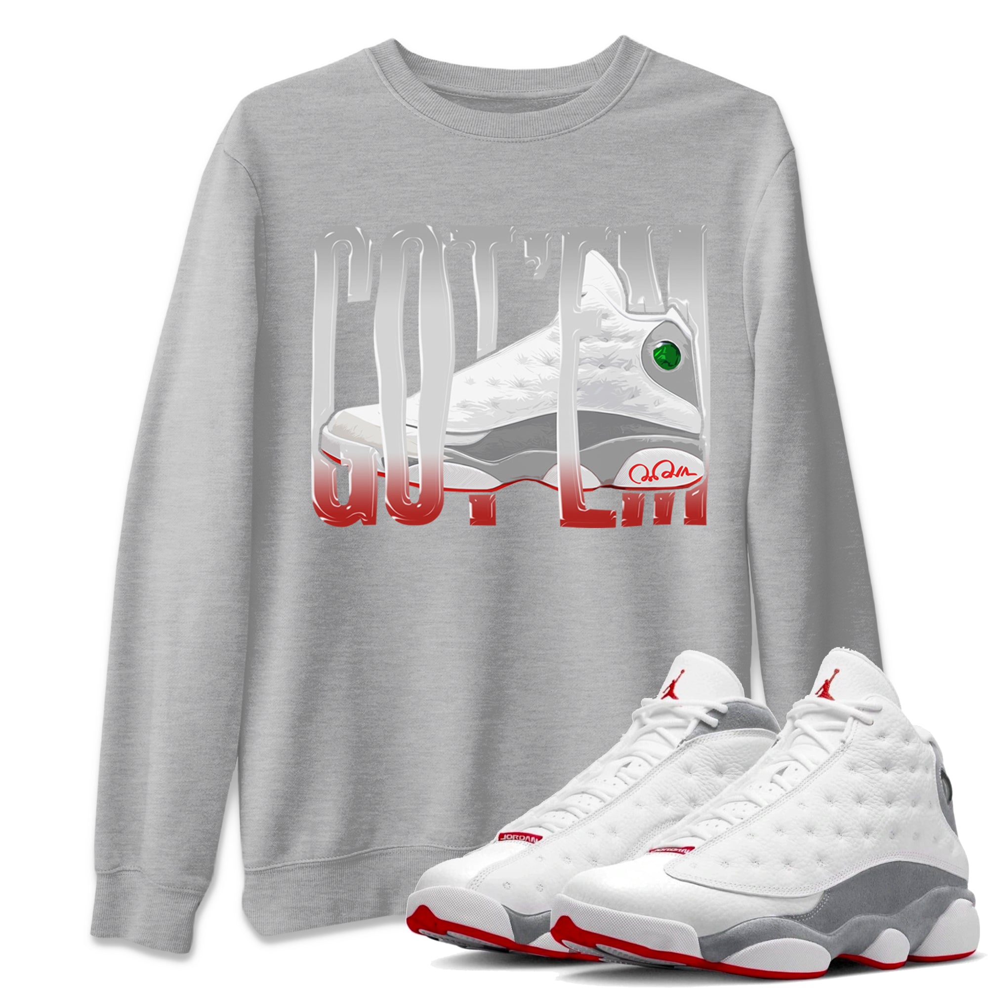 Air Jordan 13 Wolf Grey Sneaker Match Tees Wiggling Gotem Streetwear Sneaker Shirt AJ13 Wolf Grey Sneaker Release Tees Unisex Shirts Heather Grey 1