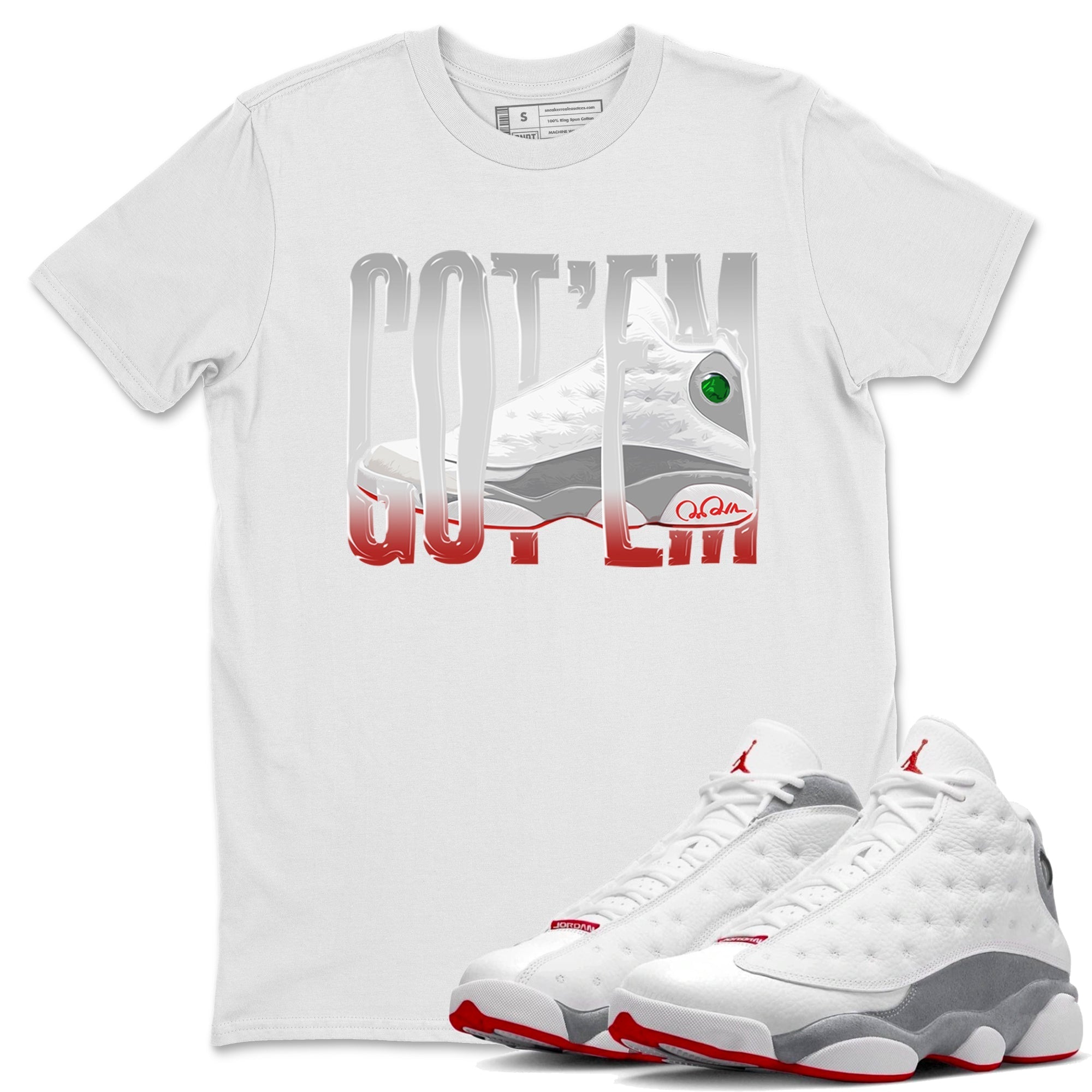 Air Jordan 13 Wolf Grey Sneaker Match Tees Wiggling Gotem Streetwear Sneaker Shirt AJ13 Wolf Grey Sneaker Release Tees Unisex Shirts White 1