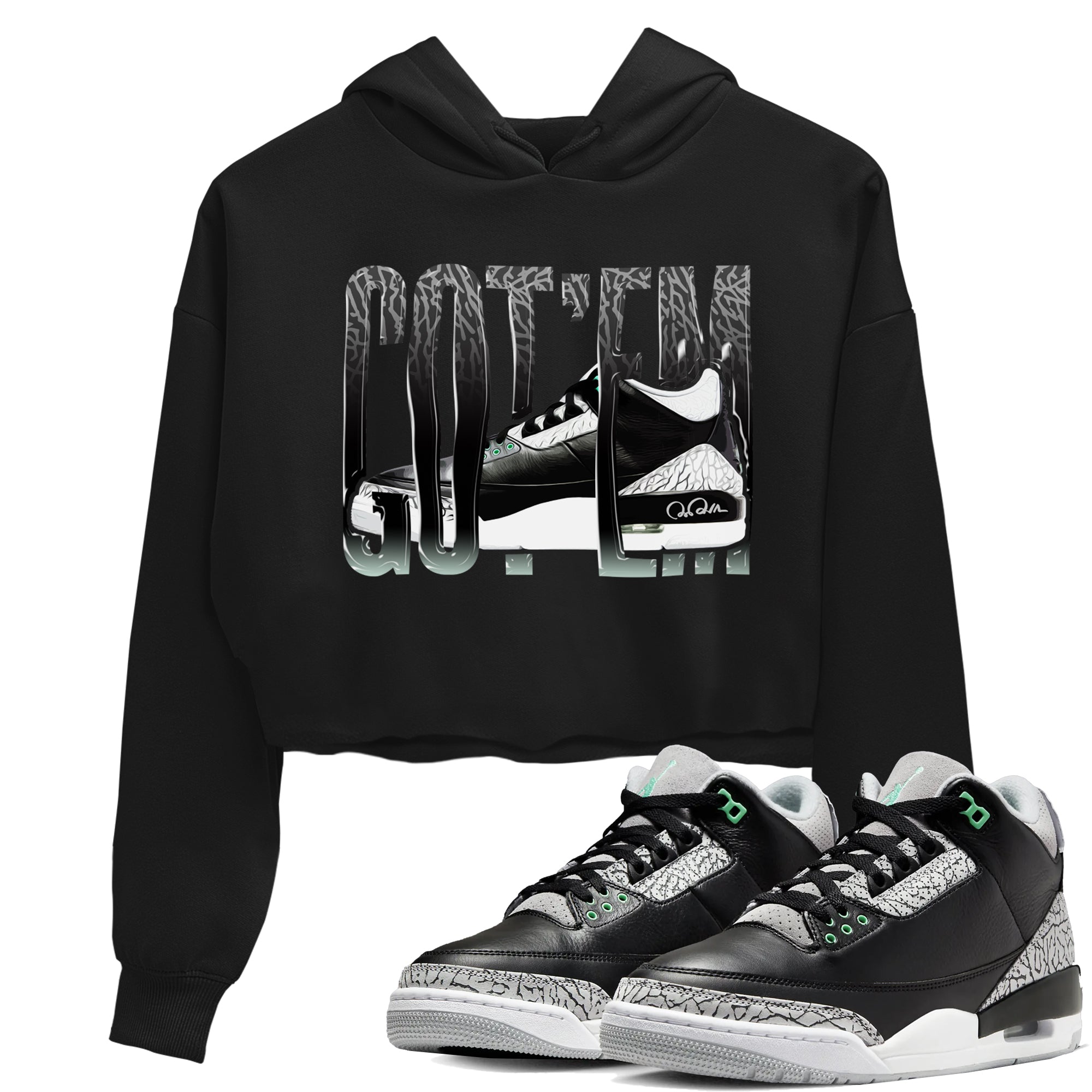 3s Green Glow shirt to match jordans Wiggling Gotem sneaker tees Air Jordan 3 Green Glow Drip Gear Zone Black 1 crop length shirt