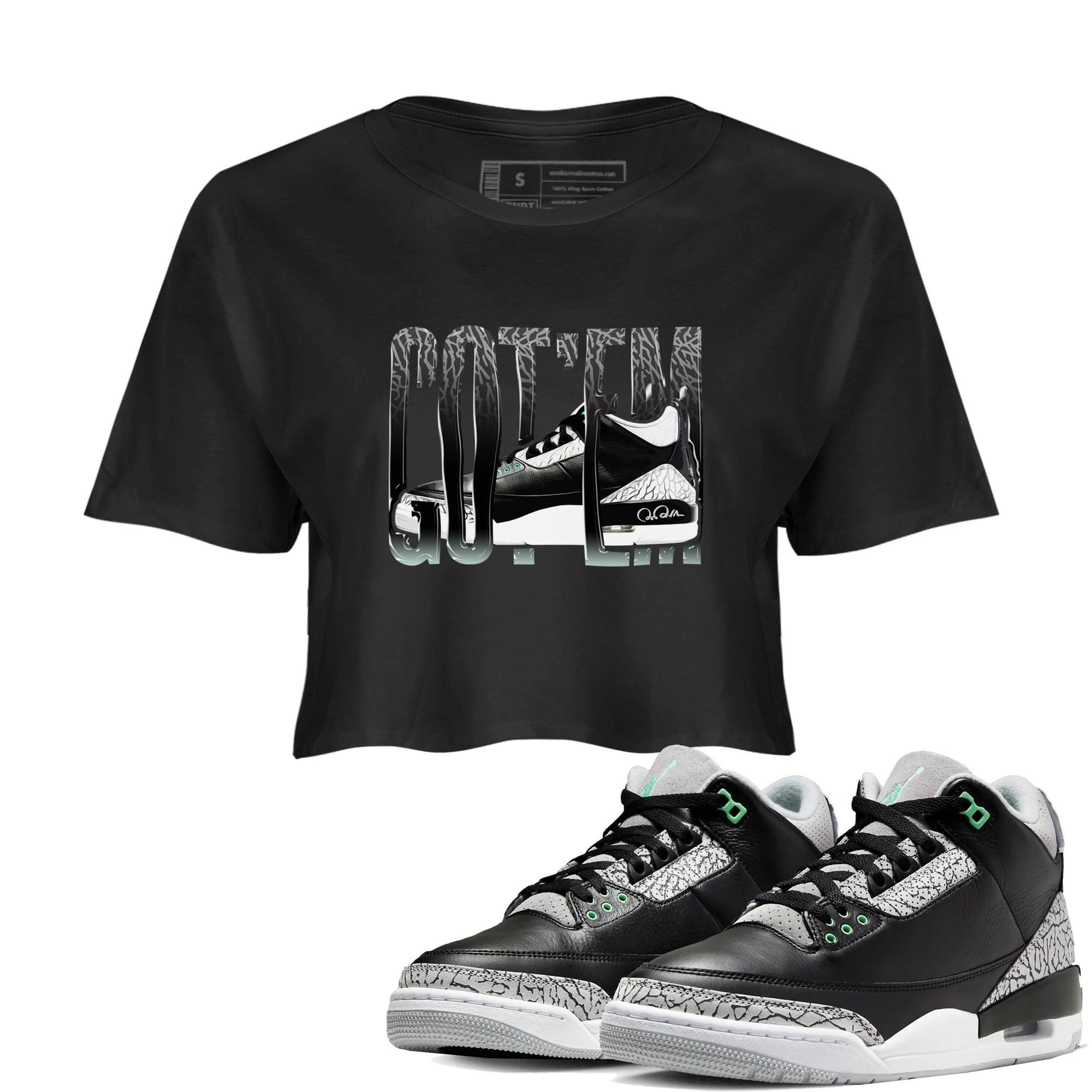3s Green Glow shirt to match jordans Wiggling Gotem sneaker tees Air Jordan 3 Green Glow Drip Gear Zone Black 1 crop length shirt