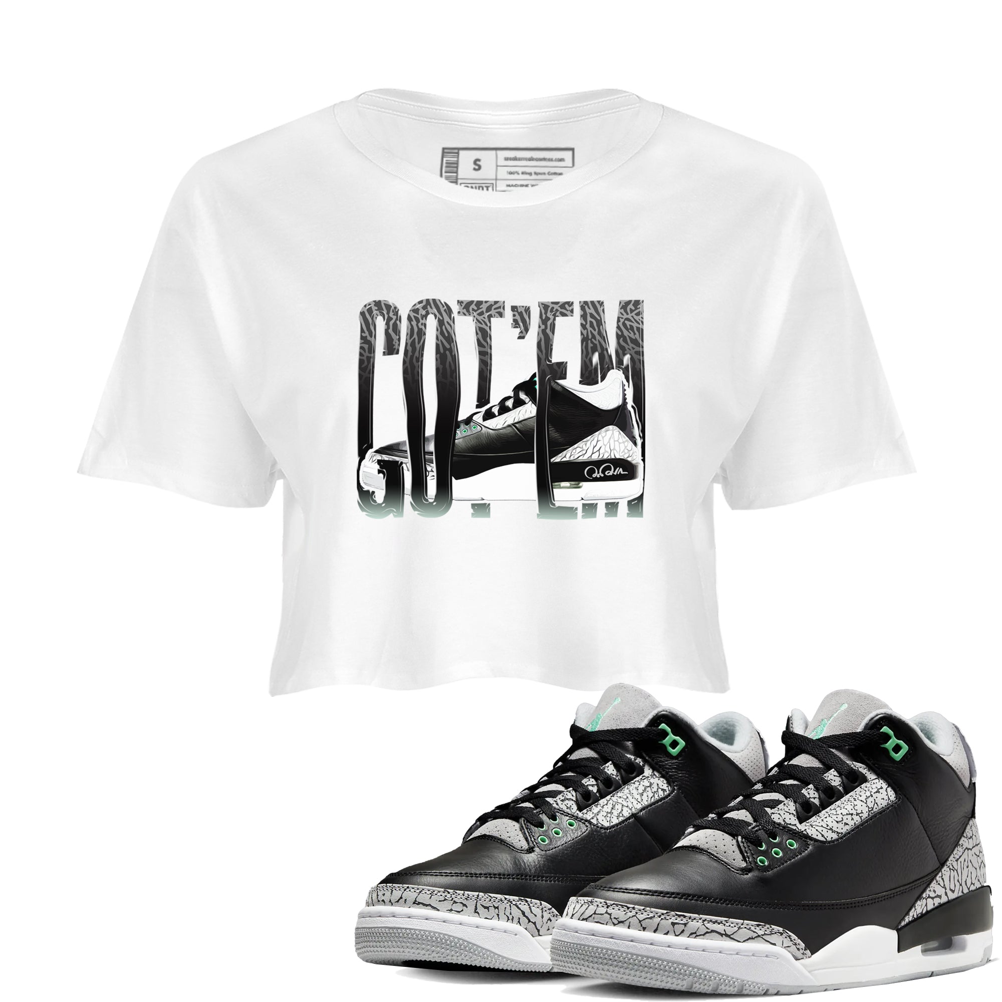 3s Green Glow shirt to match jordans Wiggling Gotem sneaker tees Air Jordan 3 Green Glow Drip Gear Zone White 1 crop length shirt
