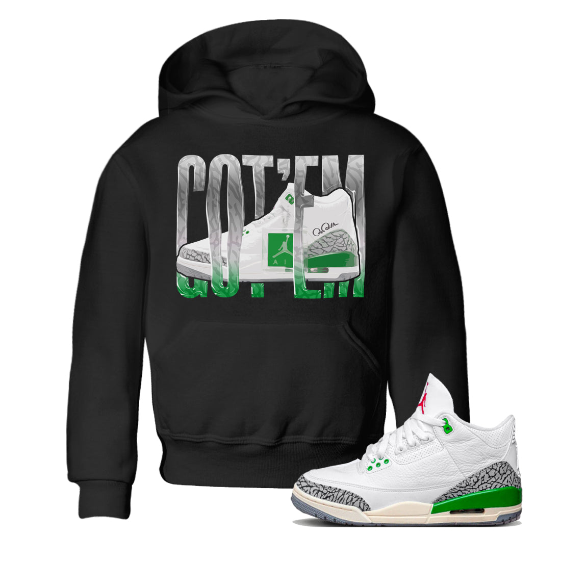 Air Jordan 3 Lucky Green Sneaker Match Tees Wiggling Gotem Streetwear Sneaker Shirt AJ3 Lucky Green Sneaker Release Tees Kids Shirts Black 1