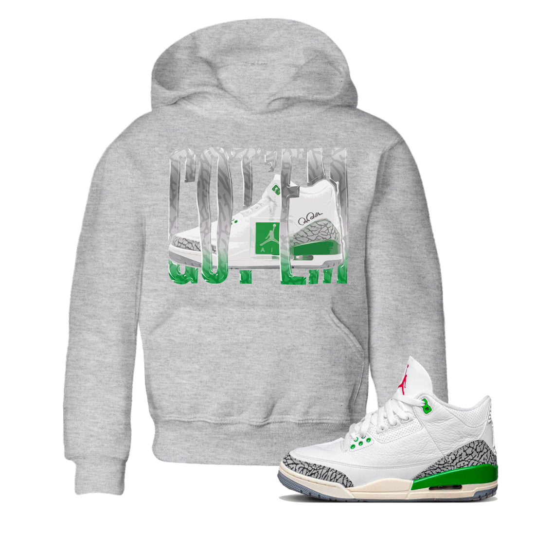 Air Jordan 3 Lucky Green Sneaker Match Tees Wiggling Gotem Streetwear Sneaker Shirt AJ3 Lucky Green Sneaker Release Tees Kids Shirts Heather Grey 1