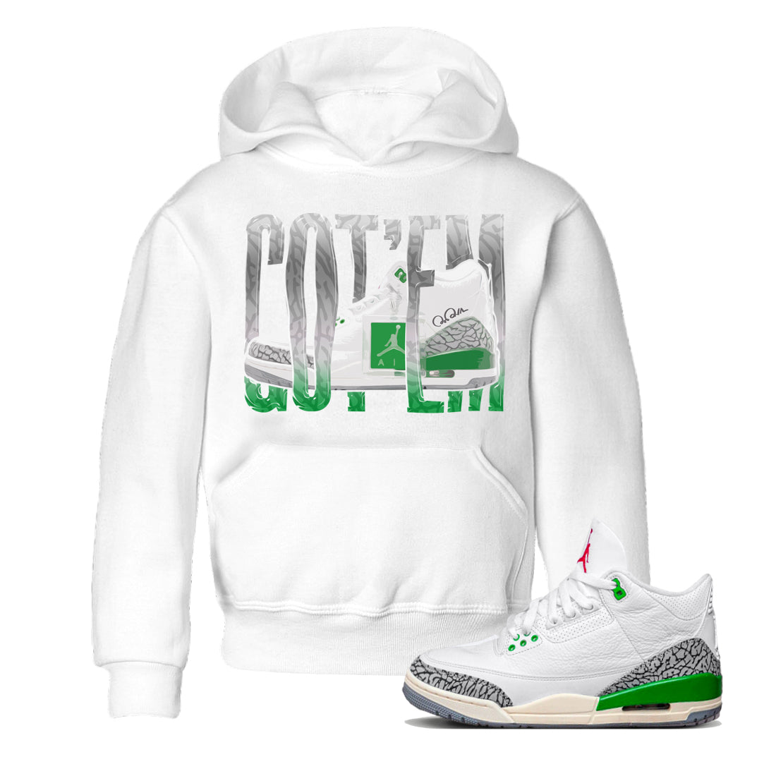Air Jordan 3 Lucky Green Sneaker Match Tees Wiggling Gotem Streetwear Sneaker Shirt AJ3 Lucky Green Sneaker Release Tees Kids Shirts White 1