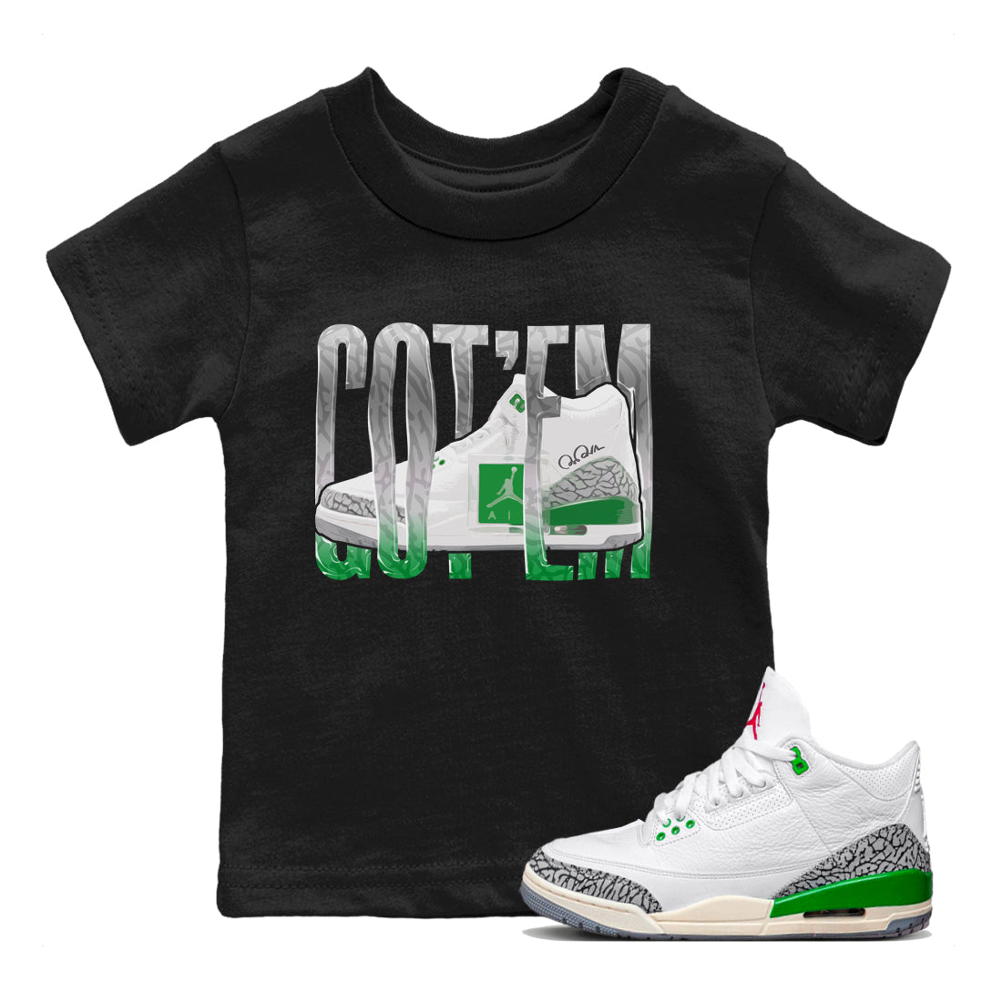 Air Jordan 3 Lucky Green Sneaker Match Tees Wiggling Gotem Streetwear Sneaker Shirt AJ3 Lucky Green Sneaker Release Tees Kids Shirts Black 1