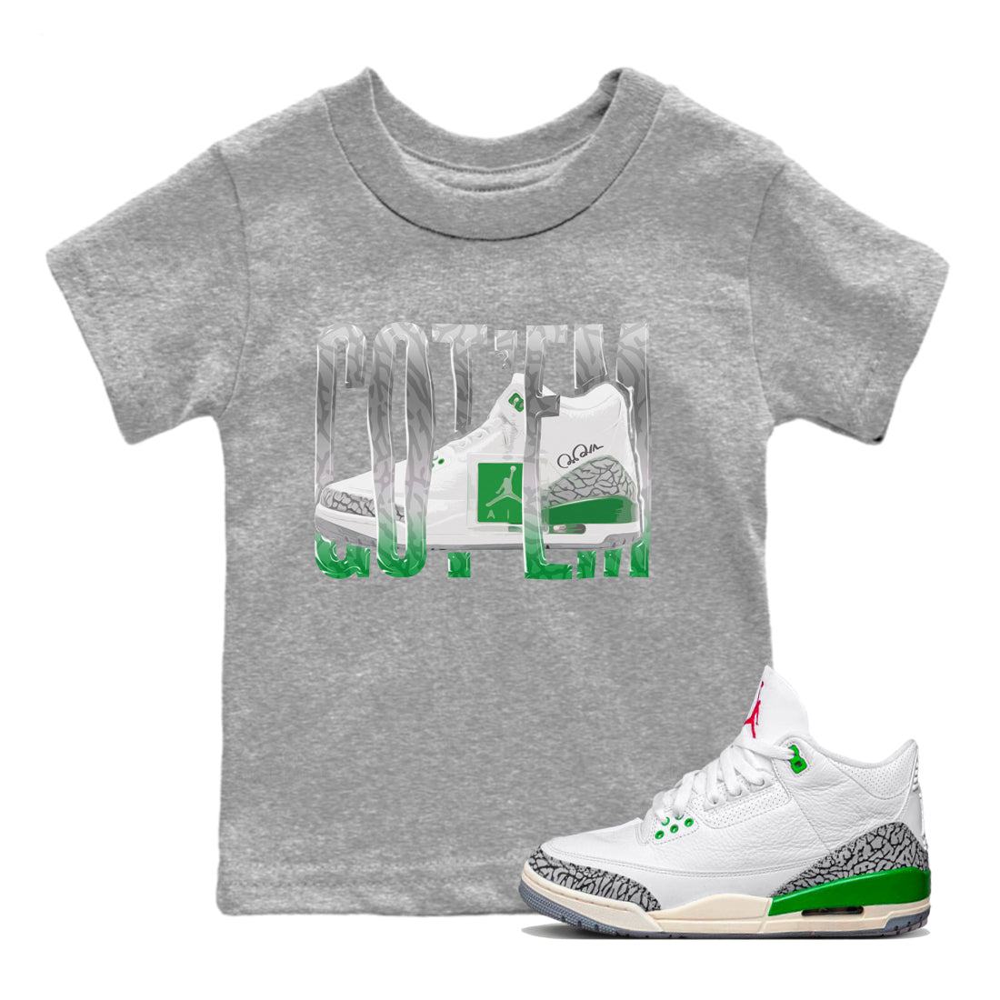 Air Jordan 3 Lucky Green Sneaker Match Tees Wiggling Gotem Streetwear Sneaker Shirt AJ3 Lucky Green Sneaker Release Tees Kids Shirts Heather Grey 1