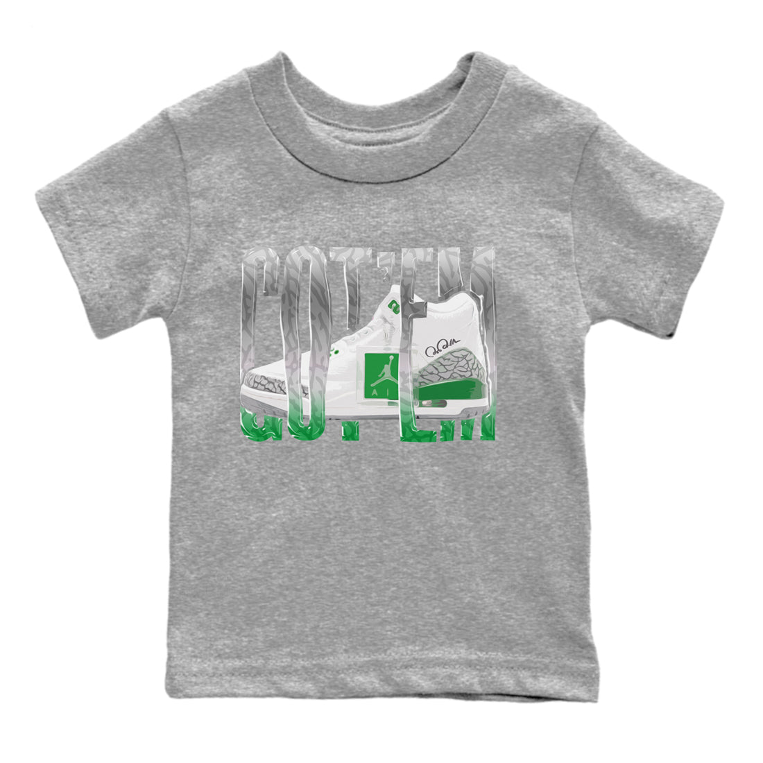 Air Jordan 3 Lucky Green Sneaker Match Tees Wiggling Gotem Streetwear Sneaker Shirt AJ3 Lucky Green Sneaker Release Tees Kids Shirts Heather Grey 2