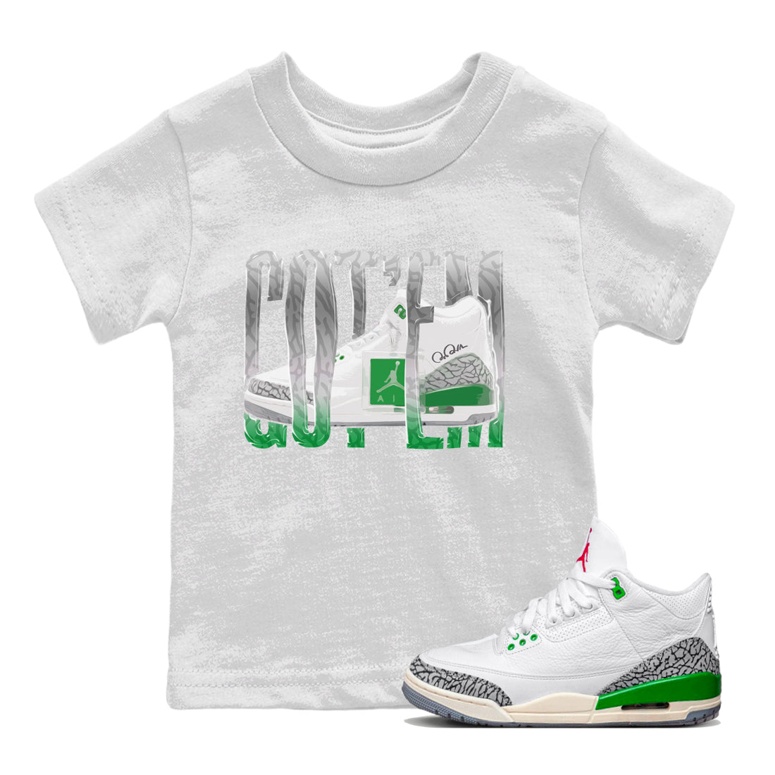 Air Jordan 3 Lucky Green Sneaker Match Tees Wiggling Gotem Streetwear Sneaker Shirt AJ3 Lucky Green Sneaker Release Tees Kids Shirts White 1