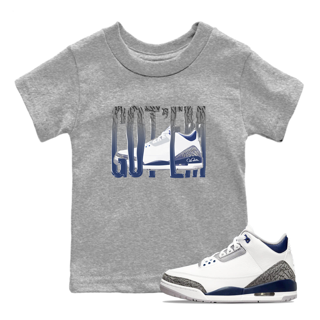 3s Midnight Navy shirt to match jordans Wiggling Gotem sneaker match t-shirt AJ3 Midnight Navy Drip Gear Zone baby toddler Heather Grey 1 Crew Neck T-Shirt