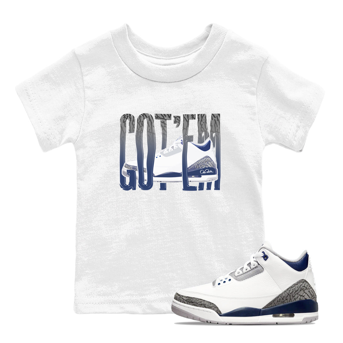 3s Midnight Navy shirt to match jordans Wiggling Gotem sneaker match t-shirt AJ3 Midnight Navy Drip Gear Zone baby toddler White 1 Crew Neck T-Shirt