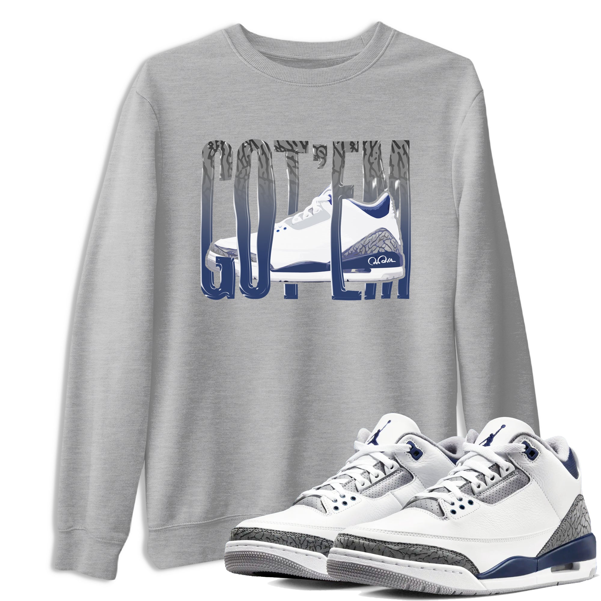 3s Midnight Navy shirt to match jordans Wiggling Gotem sneaker match t-shirt AJ3 Midnight Navy Drip Gear Zone unisex cotton Heather Grey 1 Crew Neck T-Shirt