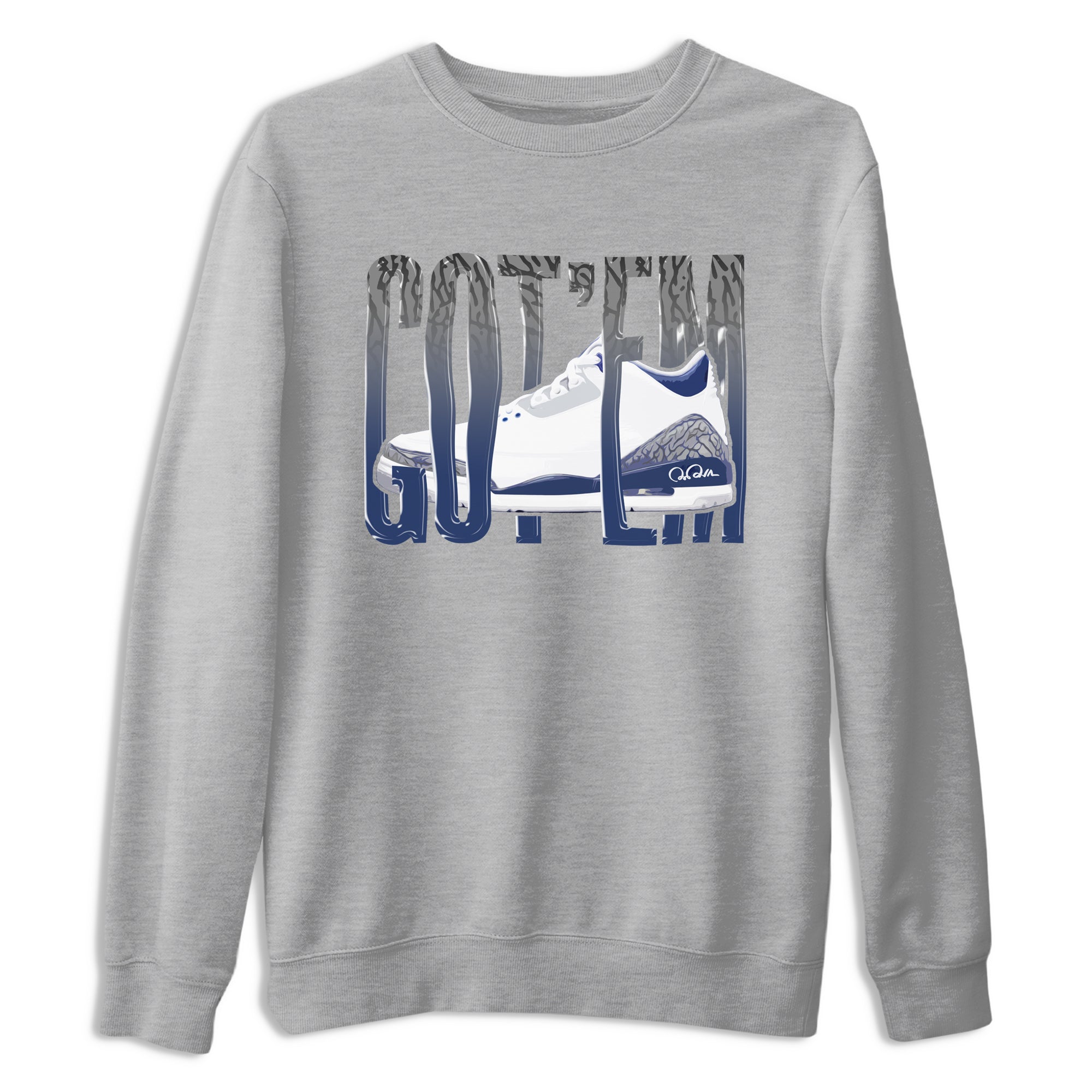 3s Midnight Navy shirt to match jordans Wiggling Gotem sneaker match t-shirt AJ3 Midnight Navy Drip Gear Zone unisex cotton Heather Grey 2 Crew Neck T-Shirt