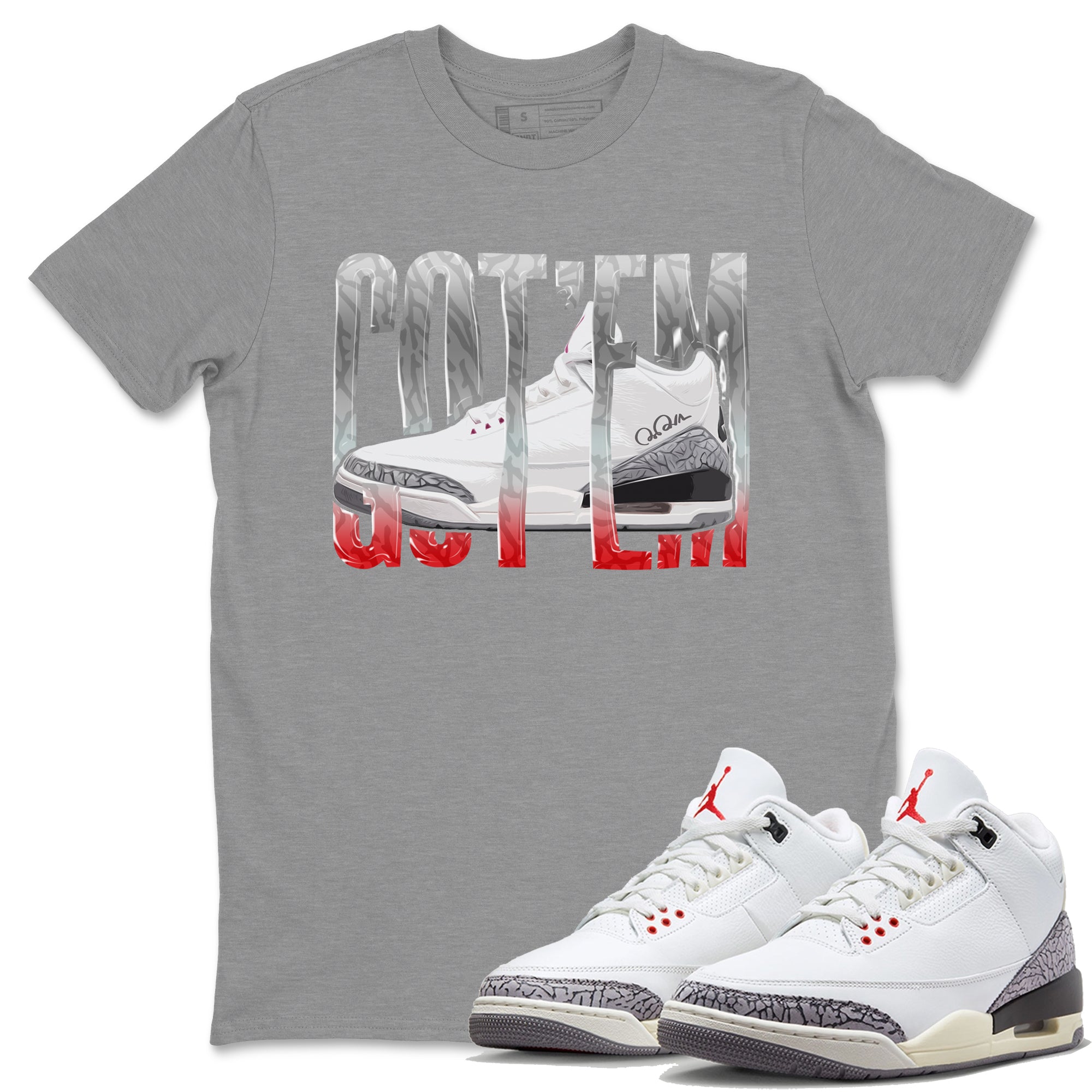Air Jordan 3 White Cement Wiggling Gotem Crew Neck Sneaker Tees AJ3 White Cement Sneaker T-Shirts Size Chart