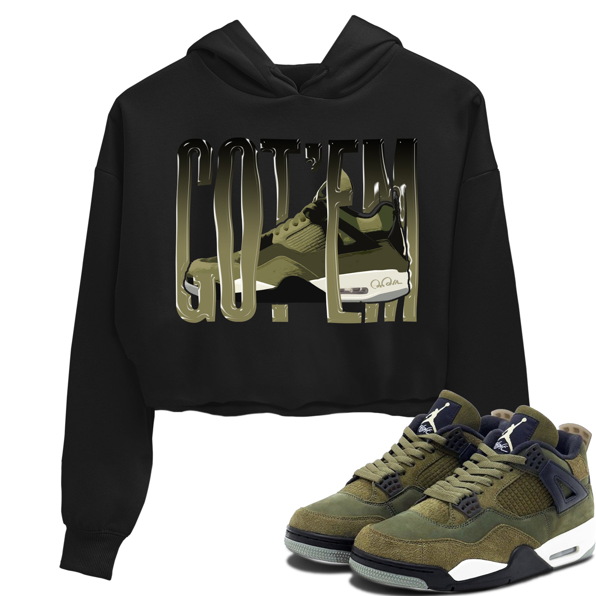 Air Jordan 4 Medium Olive shirt to match jordans streetwear brand Wiggling Gotem sneaker tees AJ4Medium Olive Drip Gear Zone Black 1 Crop T-Shirt