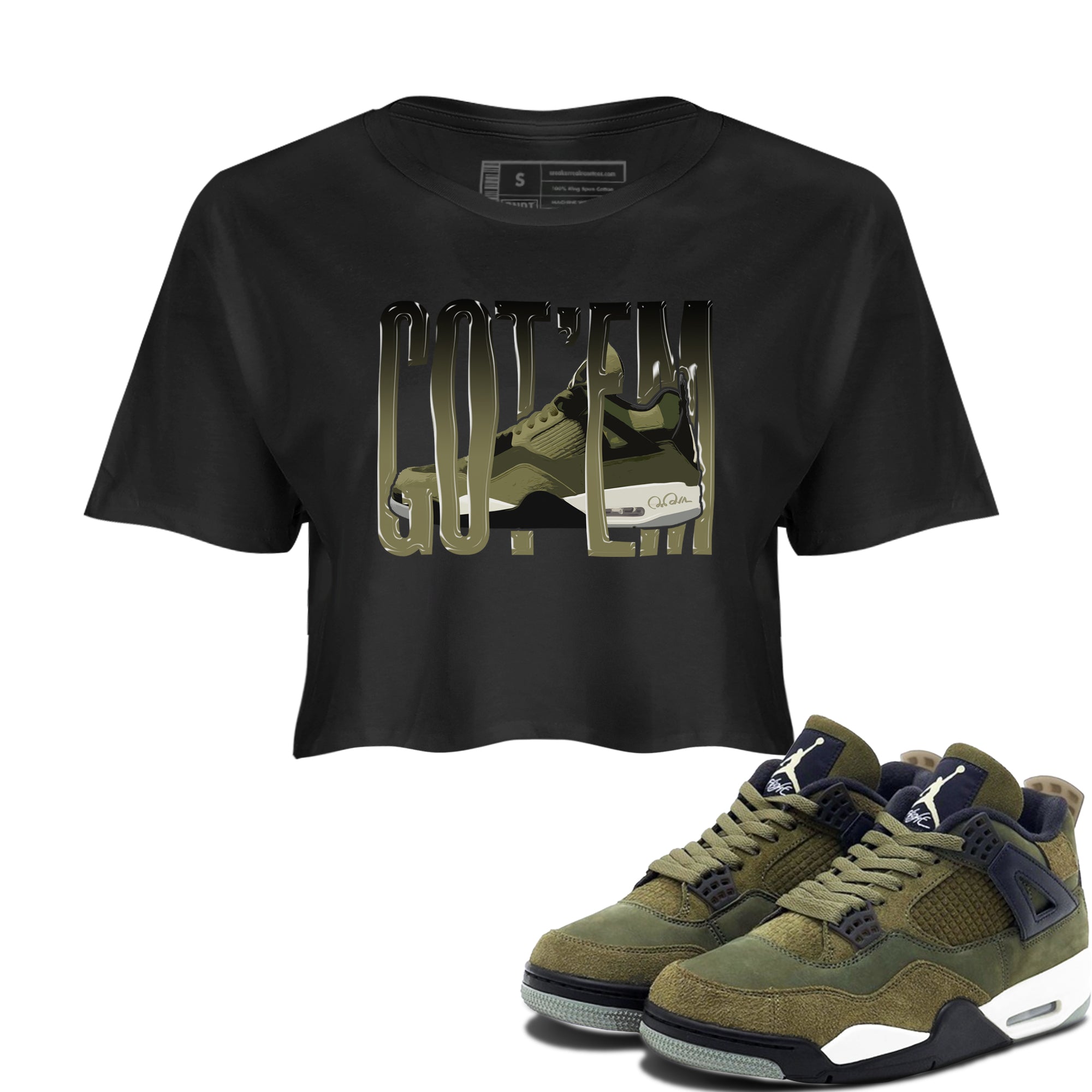 Air Jordan 4 Medium Olive shirt to match jordans streetwear brand Wiggling Gotem sneaker tees AJ4Medium Olive Drip Gear Zone Black 1 Crop T-Shirt