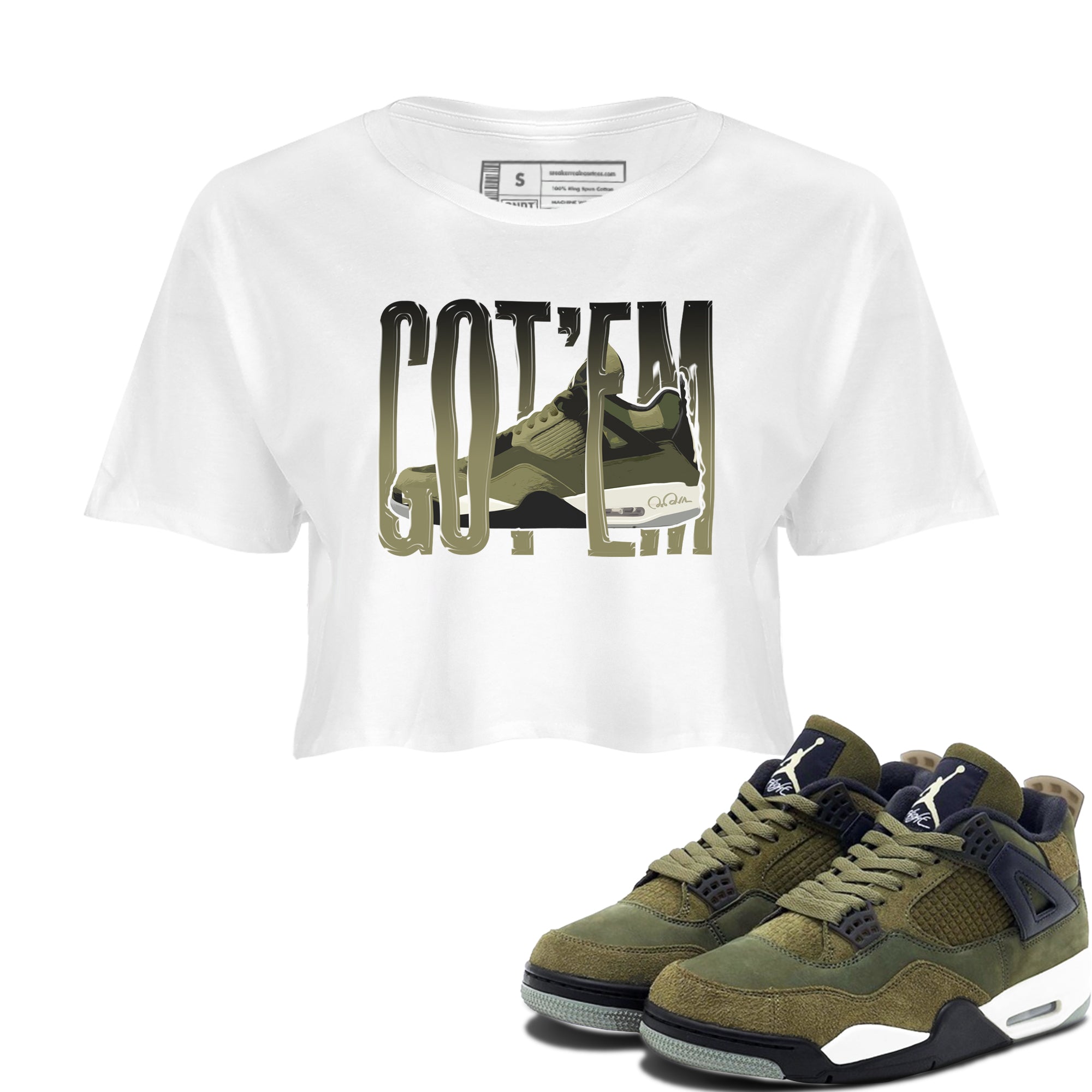 Air Jordan 4 Medium Olive shirt to match jordans streetwear brand Wiggling Gotem sneaker tees AJ4Medium Olive Drip Gear Zone White 1 Crop T-Shirt
