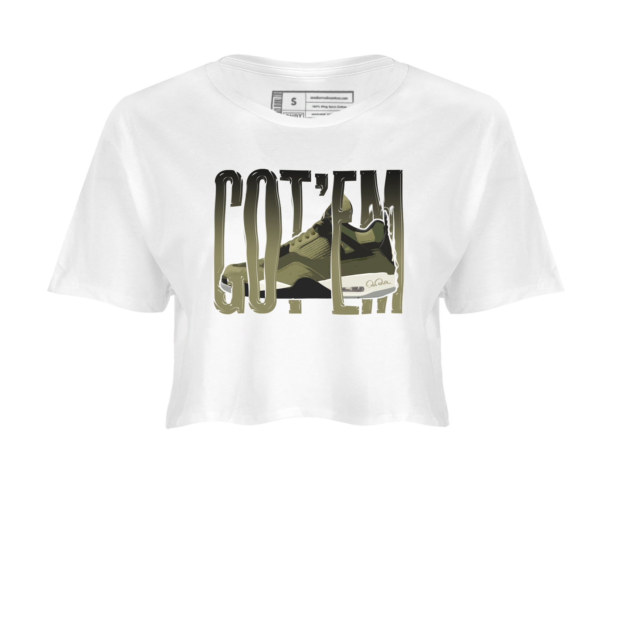 Air Jordan 4 Medium Olive shirt to match jordans streetwear brand Wiggling Gotem sneaker tees AJ4Medium Olive Drip Gear Zone White 2 Crop T-Shirt