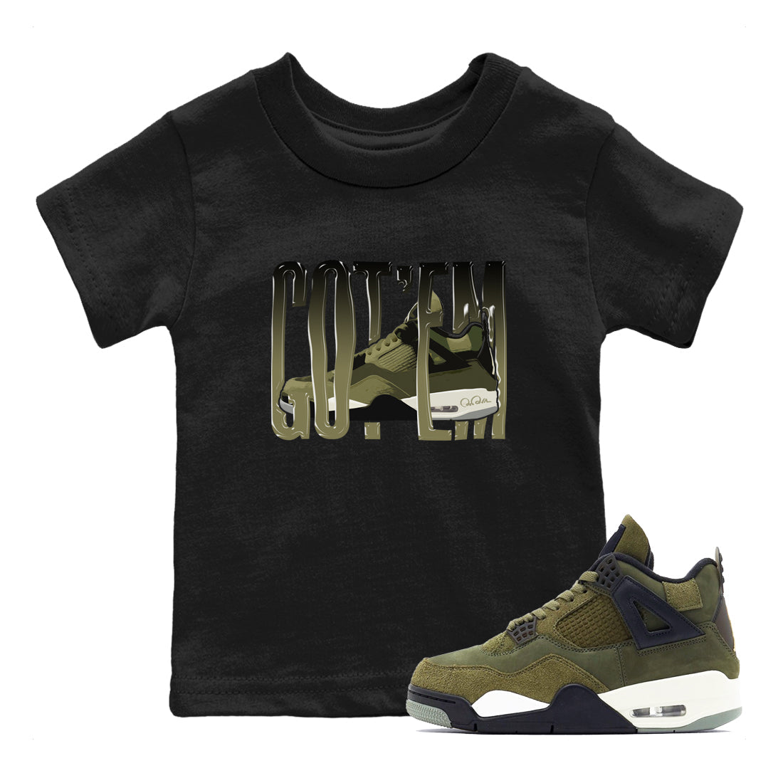 Air Jordan 4 Medium Olive shirt to match jordans streetwear brand Wiggling Gotem sneaker tees AJ4Medium Olive Drip Gear Zone Baby Toddler Black 1 T-Shirt