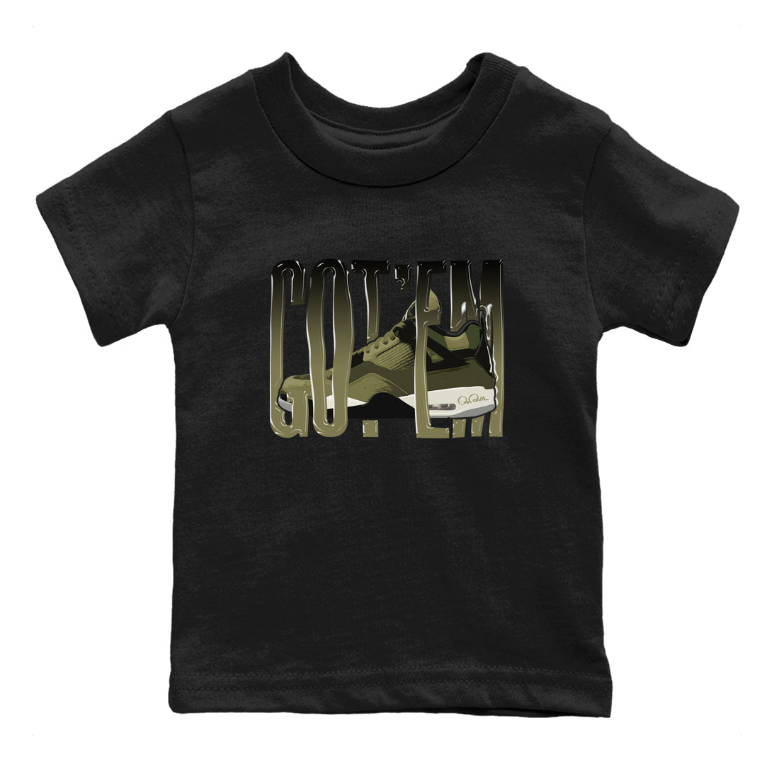 Air Jordan 4 Medium Olive shirt to match jordans streetwear brand Wiggling Gotem sneaker tees AJ4Medium Olive Drip Gear Zone Baby Toddler Black 2 T-Shirt