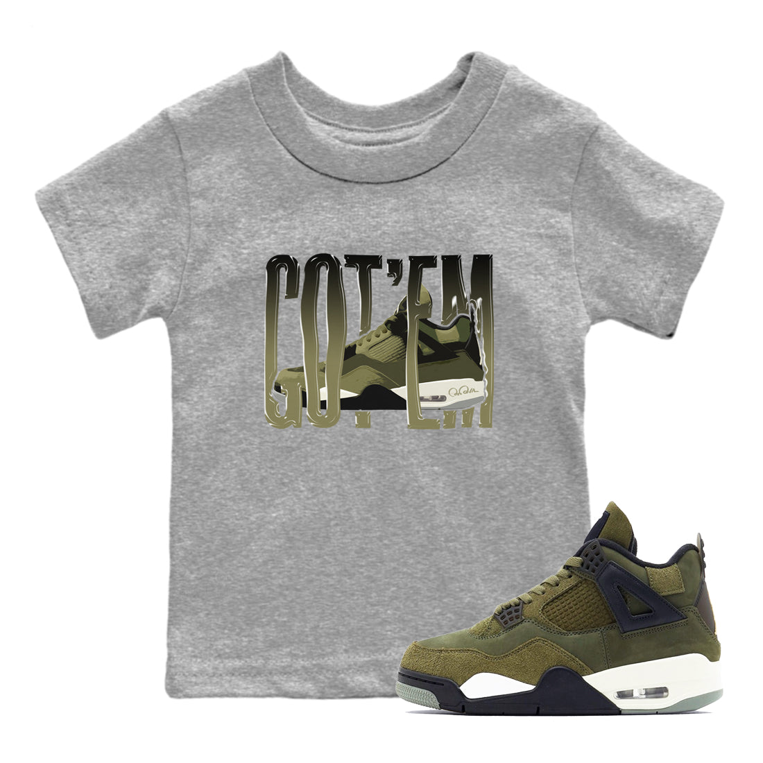 Air Jordan 4 Medium Olive shirt to match jordans streetwear brand Wiggling Gotem sneaker tees AJ4Medium Olive Drip Gear Zone Baby Toddler Heather Grey 1 T-Shirt