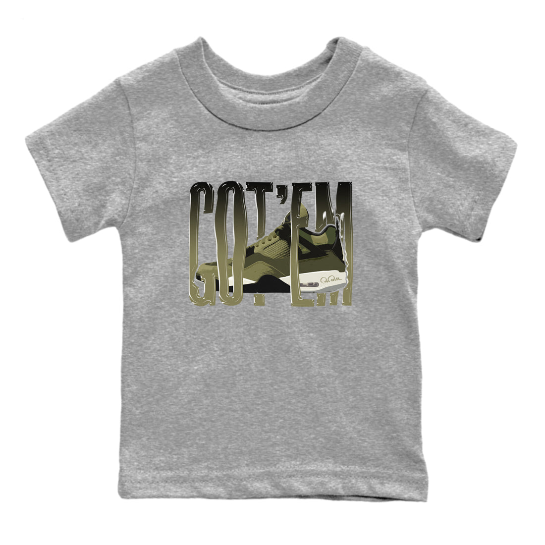 Air Jordan 4 Medium Olive shirt to match jordans streetwear brand Wiggling Gotem sneaker tees AJ4Medium Olive Drip Gear Zone Baby Toddler Heather Grey 2 T-Shirt