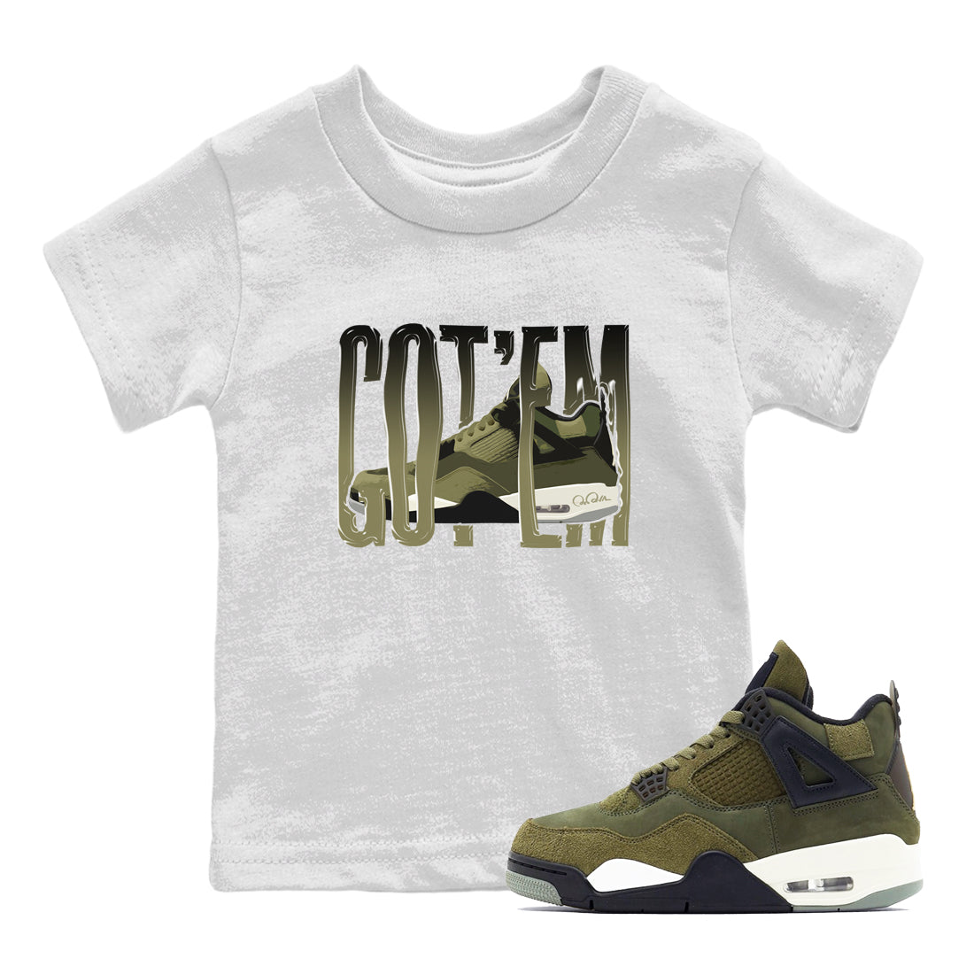 Air Jordan 4 Medium Olive shirt to match jordans streetwear brand Wiggling Gotem sneaker tees AJ4Medium Olive Drip Gear Zone Baby Toddler White 1 T-Shirt
