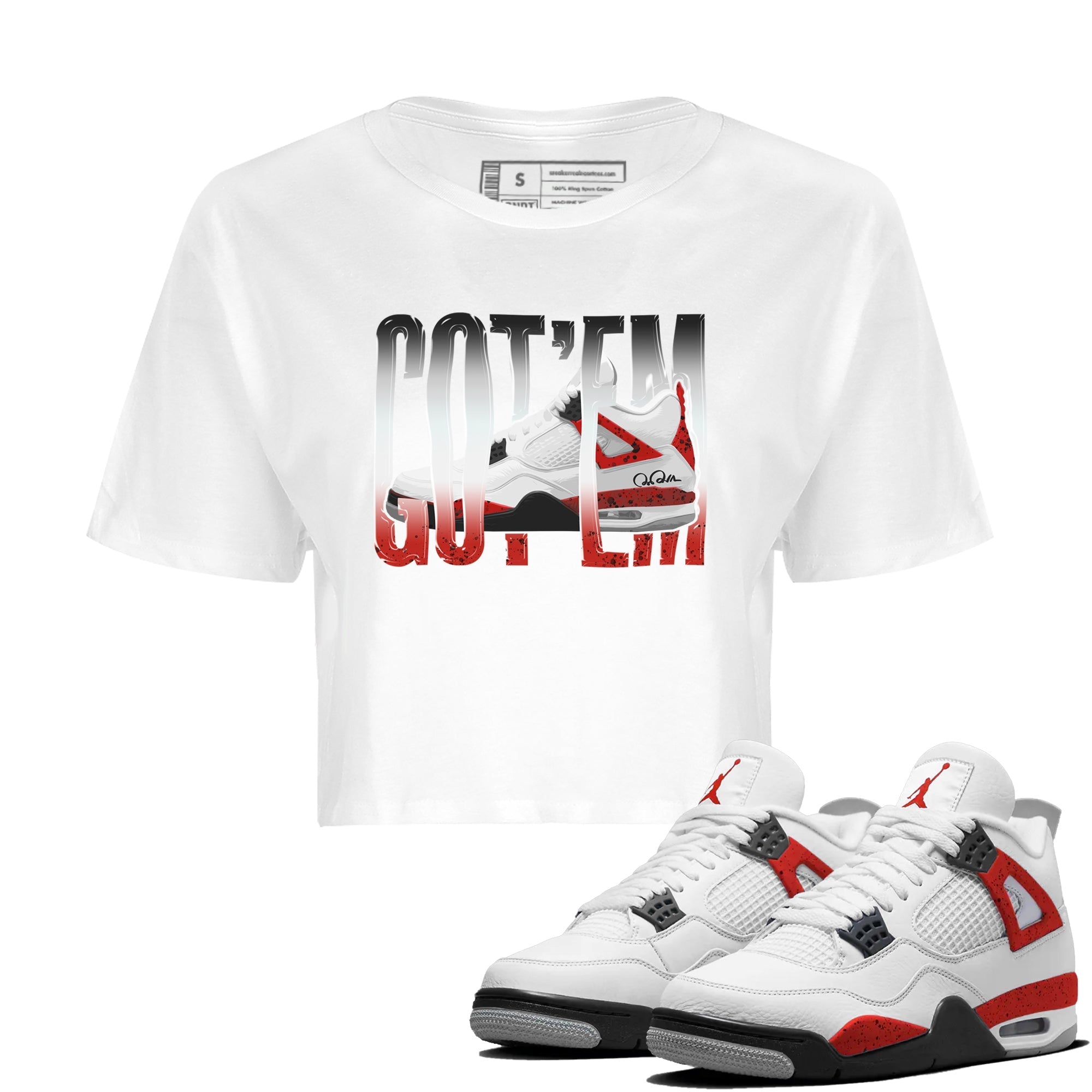 Air Jordan 4 Red Cement Sneaker Match Tees Wiggling Gotem Streetwear Sneaker Shirt AJ4 Retro OG Red Cement Sneaker Release Tees Women's Shirts White 1
