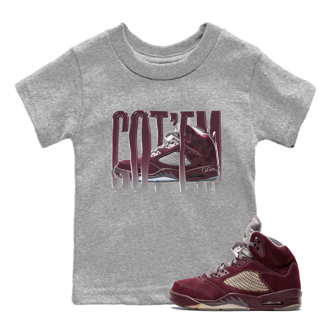 Air Jordan 5 Burgundy Sneaker Match Tees Wiggling Gotem Streetwear Sneaker Shirt AJ5 Burgundy Sneaker Release Tees Kids Shirts Heather Grey 1