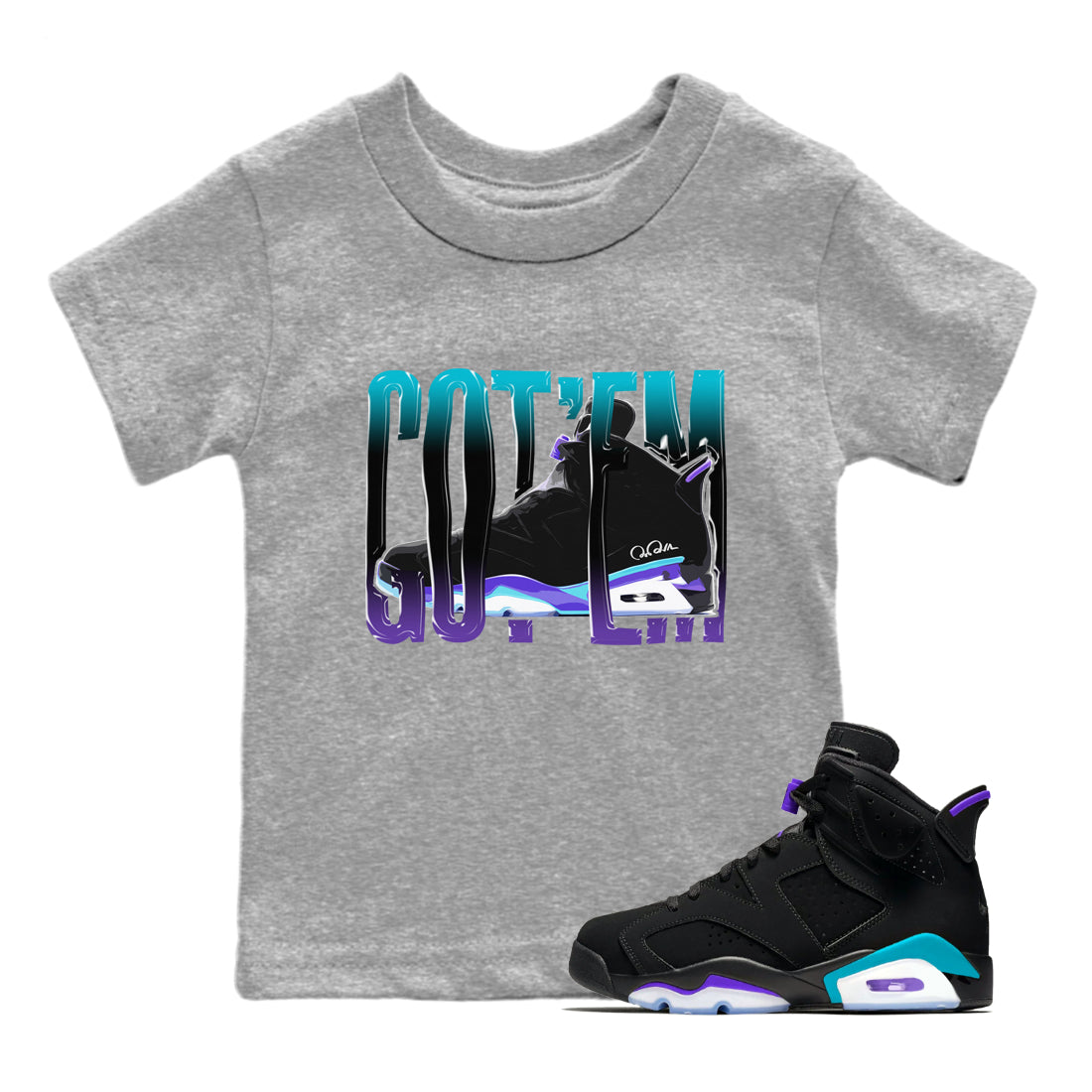 Air Jordan 6 Aqua Sneaker Match Tees Wiggling Gotem Streetwear Sneaker Shirt AJ6 Aqua Sneaker Release Tees Kids Shirts Heather Grey 1