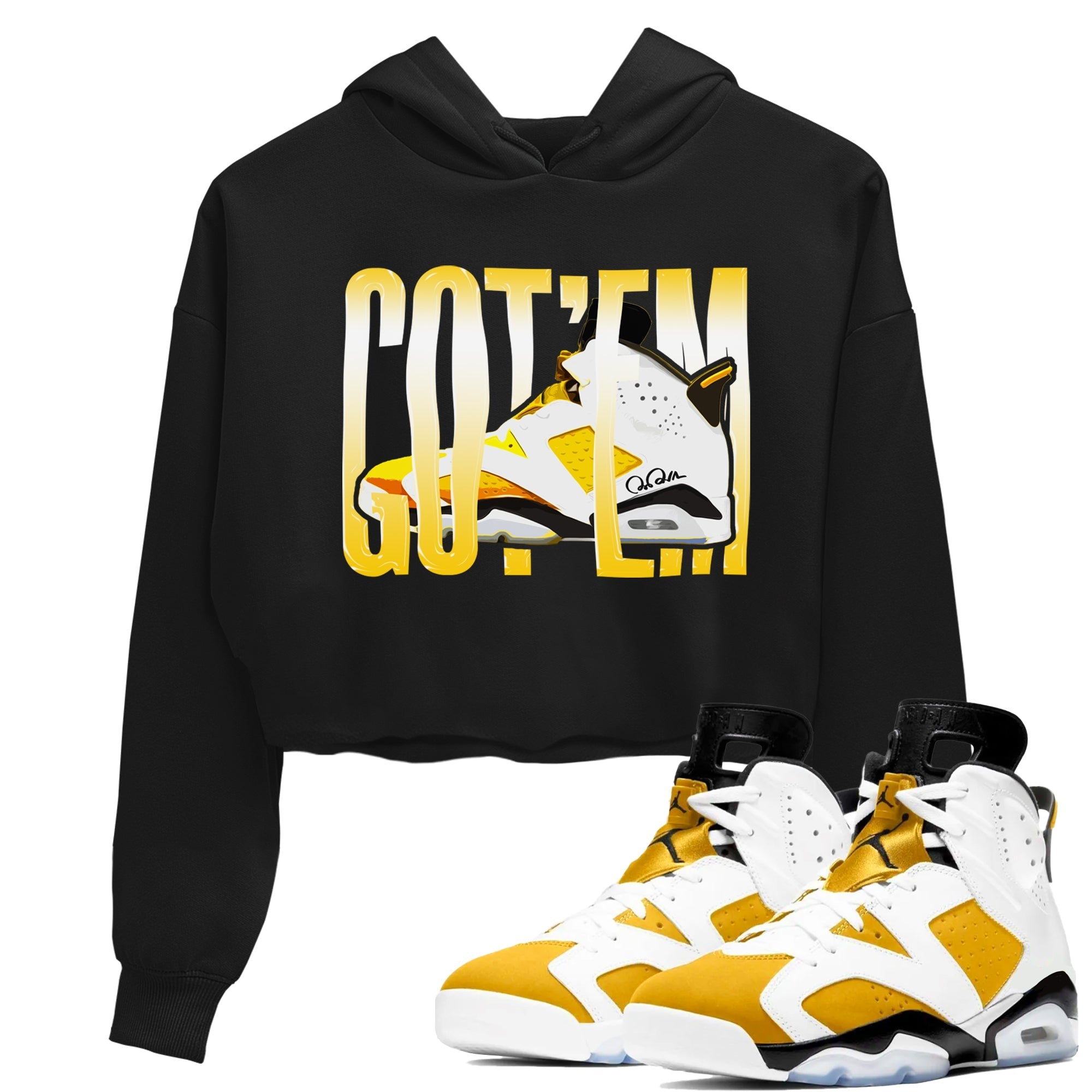 Air Jordan 6 Yellow Ochre shirt to match jordans Wiggling Gotem sneaker tees streetwear brand AJ6 Yellow Ochre Drip Gear Zone Brand Black 1 Crop T-Shirt