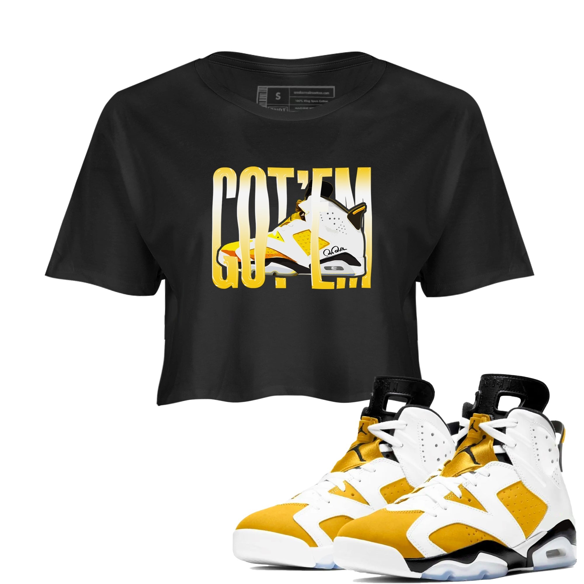 Air Jordan 6 Yellow Ochre shirt to match jordans Wiggling Gotem sneaker tees streetwear brand AJ6 Yellow Ochre Drip Gear Zone Brand Black 1 Crop T-Shirt