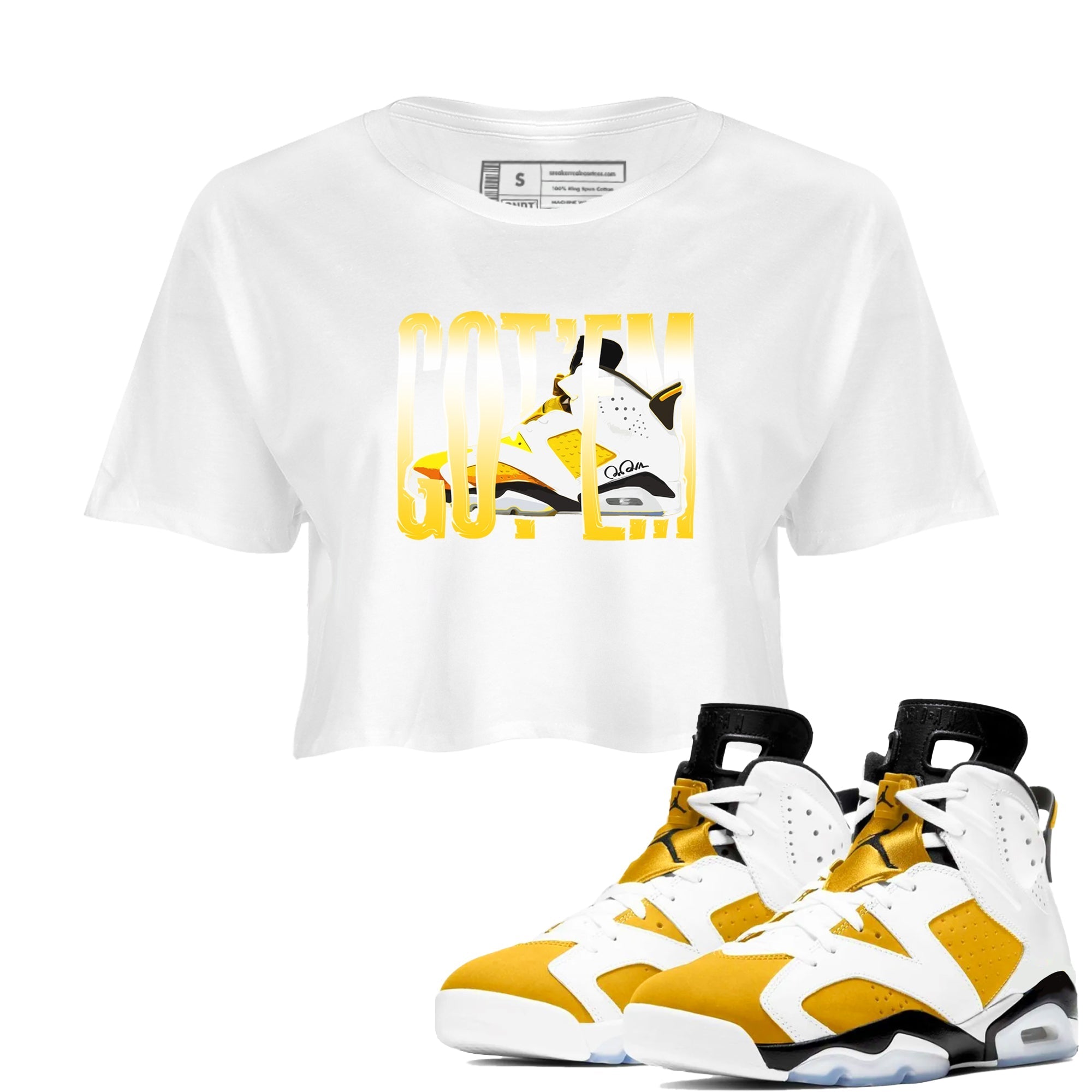 Air Jordan 6 Yellow Ochre shirt to match jordans Wiggling Gotem sneaker tees streetwear brand AJ6 Yellow Ochre Drip Gear Zone Brand White 1 Crop T-Shirt