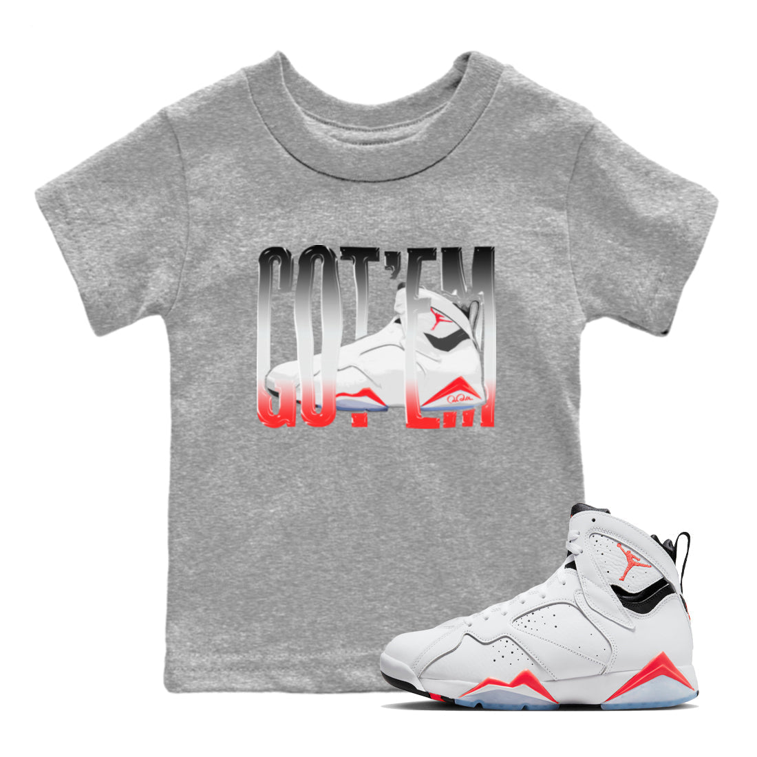 Air Jordan 7 Infrared Sneaker Match Tees Wiggling Gotem Streetwear Sneaker Shirt AJ7 Infrared Sneaker Release Tees Kids Shirts Heather Grey 1