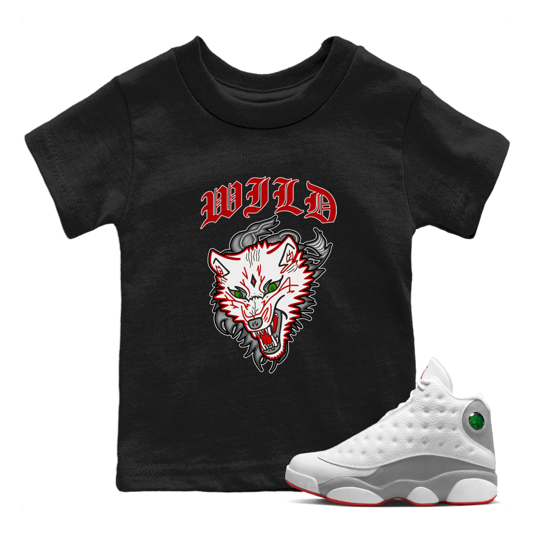 Air Jordan 13 Wolf Grey Sneaker Match Tees Wild Animal Sneaker Tees AJ13 Wolf Grey Sneaker Release Tees Kids Shirts Black 1
