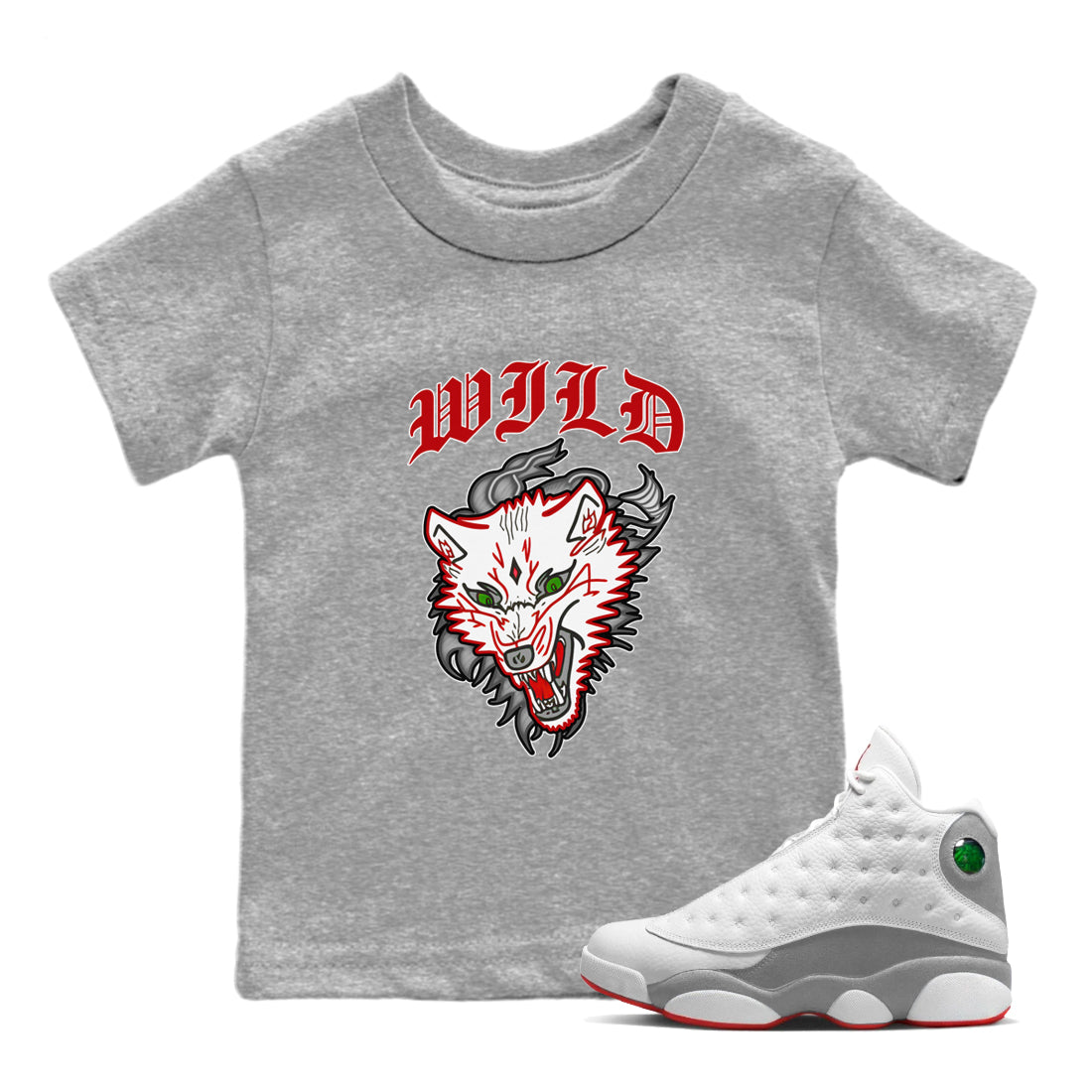 Air Jordan 13 Wolf Grey Sneaker Match Tees Wild Animal Sneaker Tees AJ13 Wolf Grey Sneaker Release Tees Kids Shirts Heather Grey 1