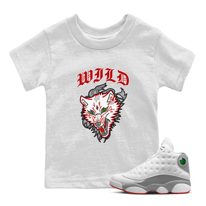 Air Jordan 13 Wolf Grey Sneaker Match Tees Wild Animal Sneaker Tees AJ13 Wolf Grey Sneaker Release Tees Kids Shirts White 1