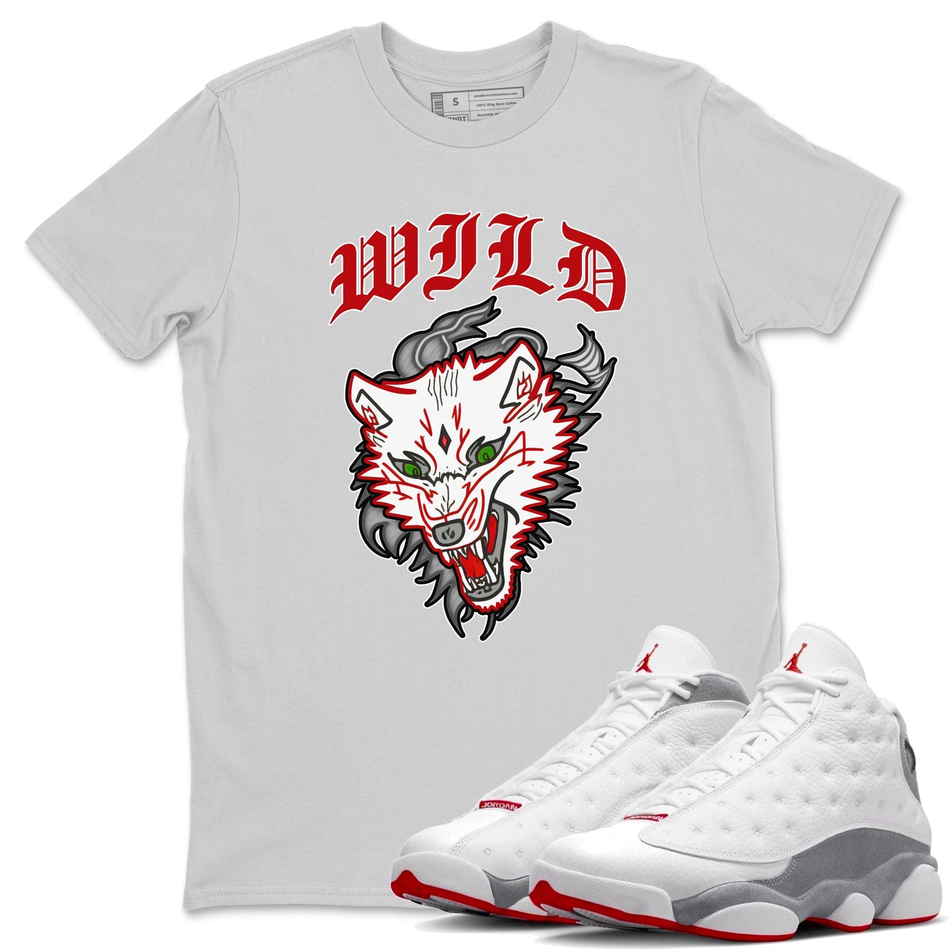 Air Jordan 13 Wolf Grey Sneaker Match Tees Wild Animal Sneaker Tees AJ13 Wolf Grey Sneaker Release Tees Unisex Shirts Silver 1