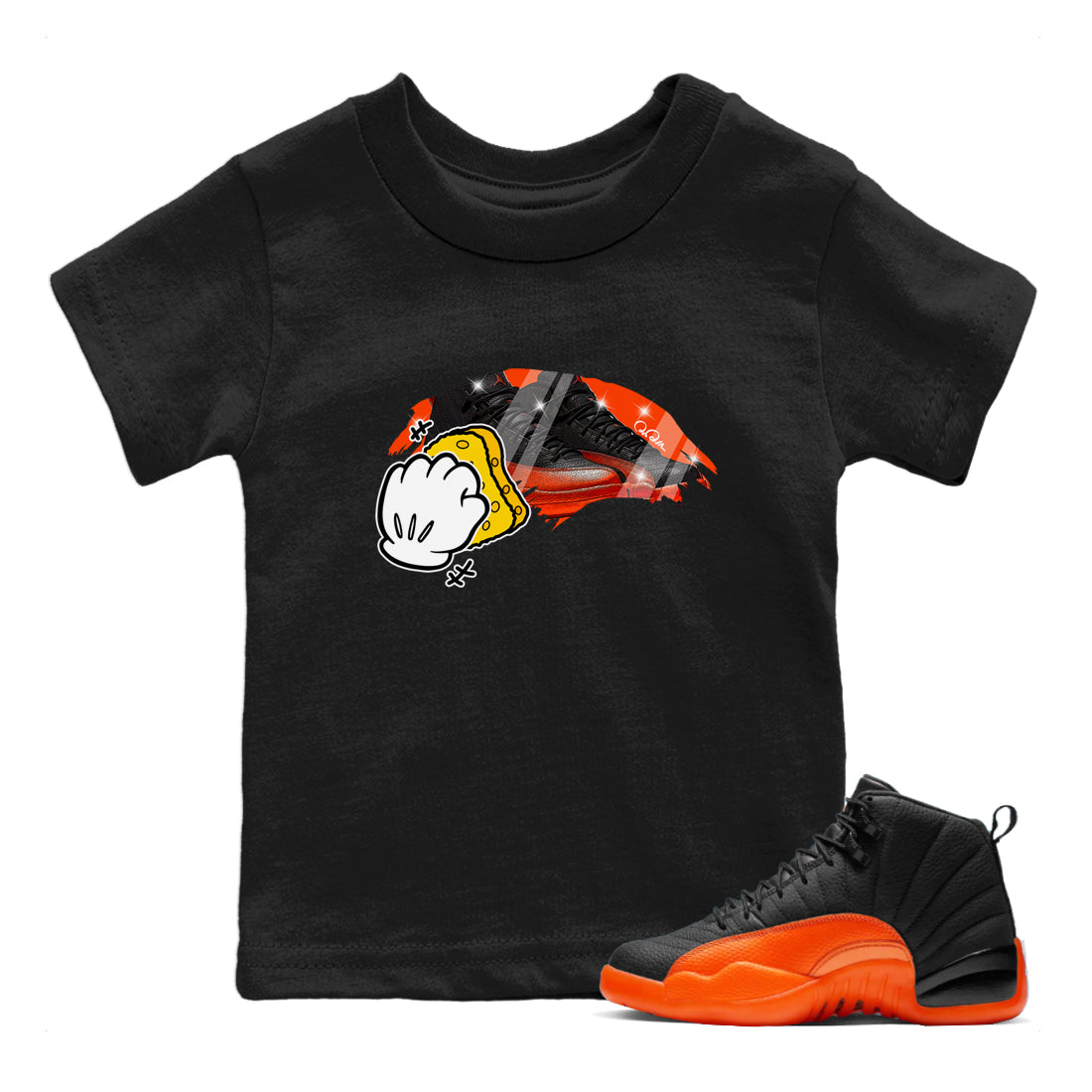 Air Jordan 12 Brilliant Orange Sneaker Match Tees Wiping Streetwear Sneaker Shirt AJ12 Brilliant Orange Sneaker Release Tees Kids Shirts Black 1