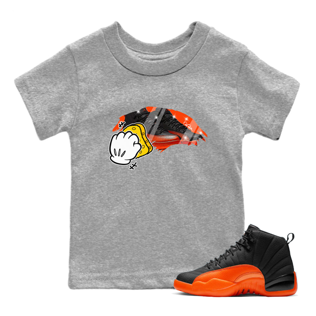 Air Jordan 12 Brilliant Orange Sneaker Match Tees Wiping Streetwear Sneaker Shirt AJ12 Brilliant Orange Sneaker Release Tees Kids Shirts Heather Grey 1