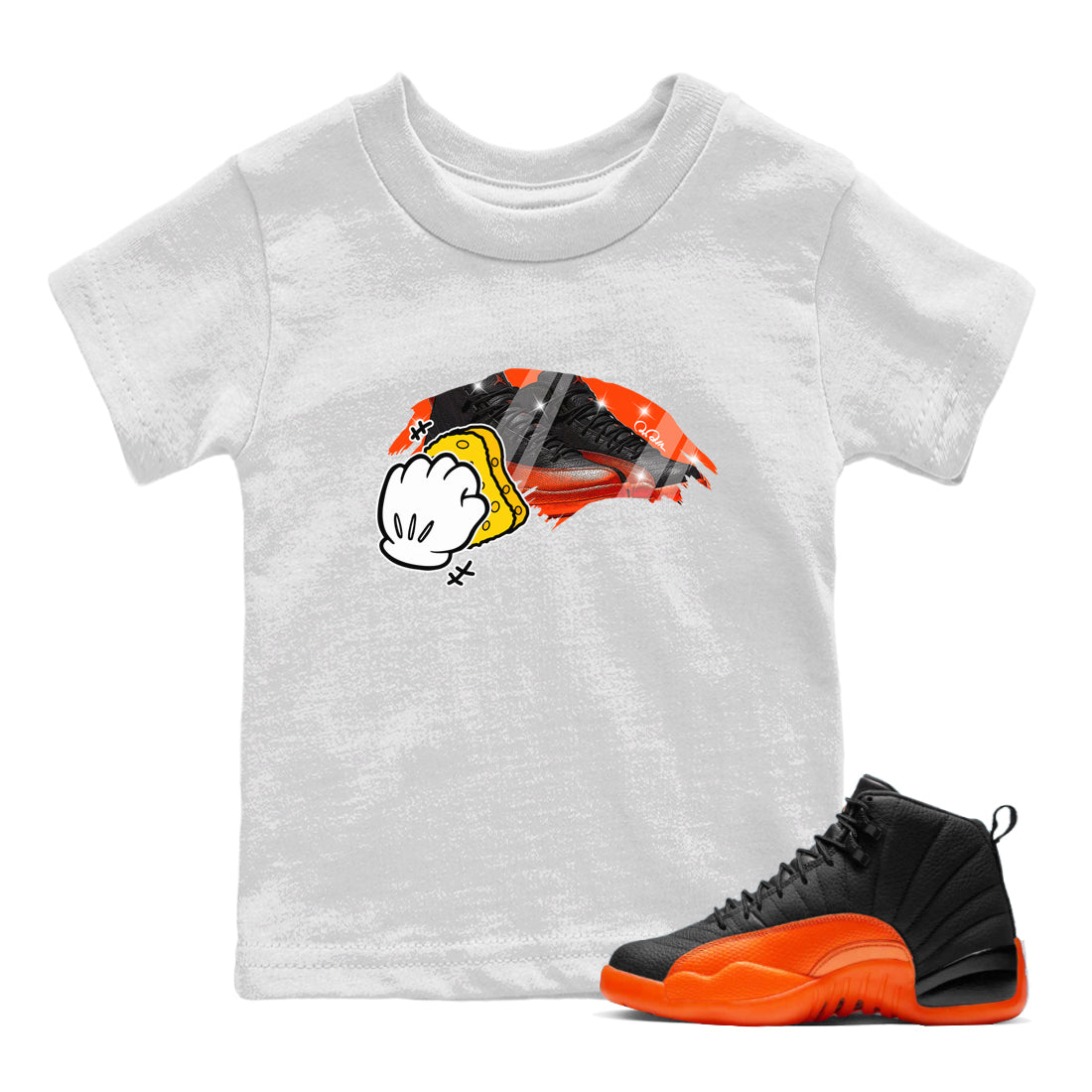 Air Jordan 12 Brilliant Orange Sneaker Match Tees Wiping Streetwear Sneaker Shirt AJ12 Brilliant Orange Sneaker Release Tees Kids Shirts White 1