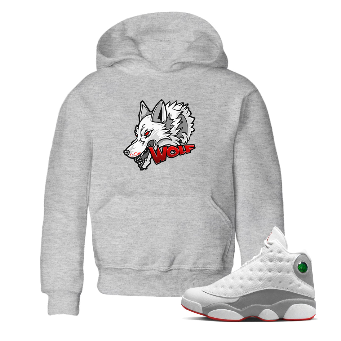 Air Jordan 13 Wolf Grey Sneaker Match Tees Wolf Head Sneaker Tees AJ13 Wolf Grey Sneaker Release Tees Kids Shirts Heather Grey 1