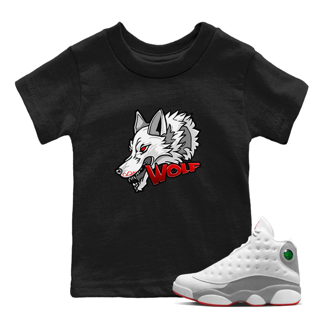 Air Jordan 13 Wolf Grey Sneaker Match Tees Wolf Head Sneaker Tees AJ13 Wolf Grey Sneaker Release Tees Kids Shirts Black 1