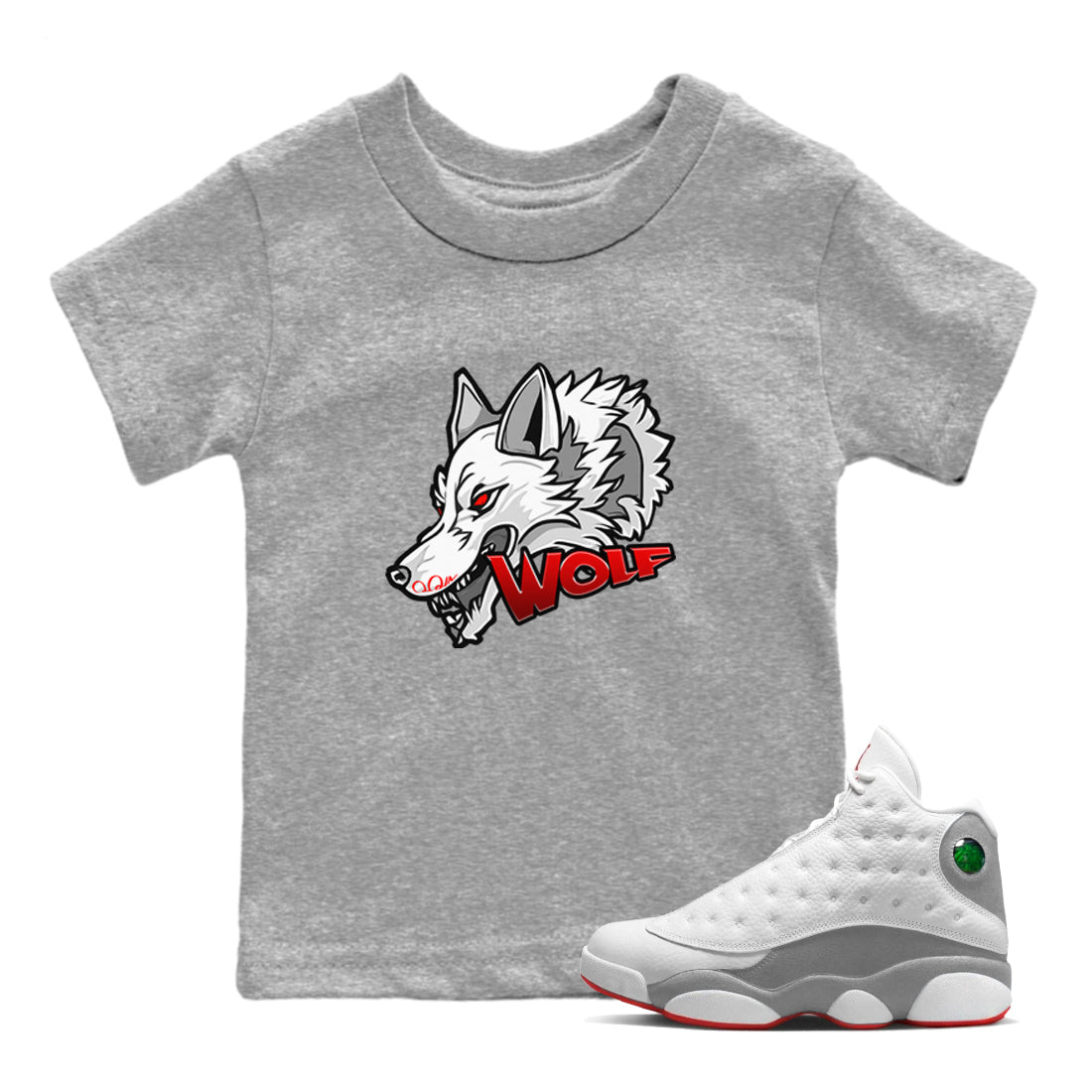 Air Jordan 13 Wolf Grey Sneaker Match Tees Wolf Head Sneaker Tees AJ13 Wolf Grey Sneaker Release Tees Kids Shirts Heather Grey 1