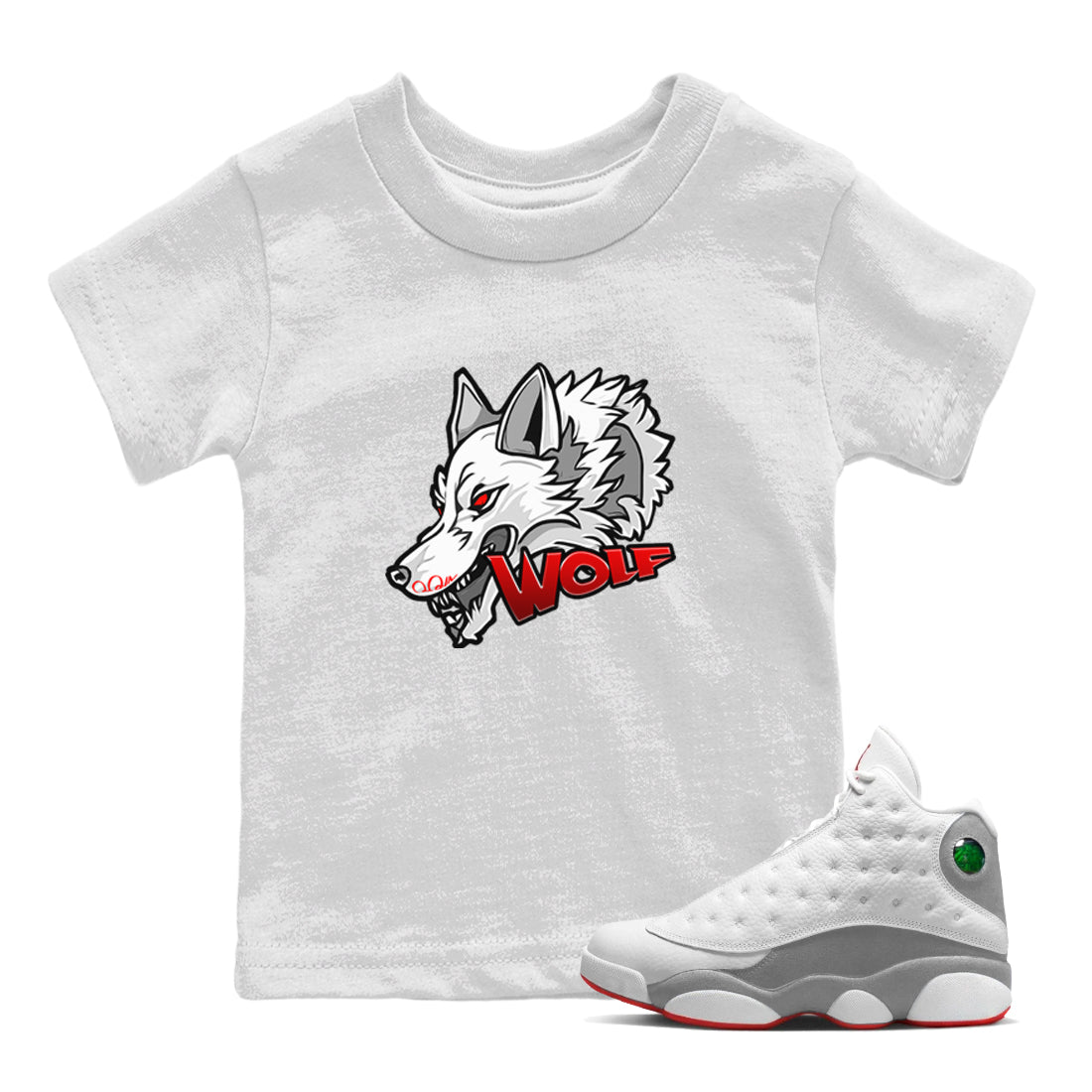 Air Jordan 13 Wolf Grey Sneaker Match Tees Wolf Head Sneaker Tees AJ13 Wolf Grey Sneaker Release Tees Kids Shirts White 1