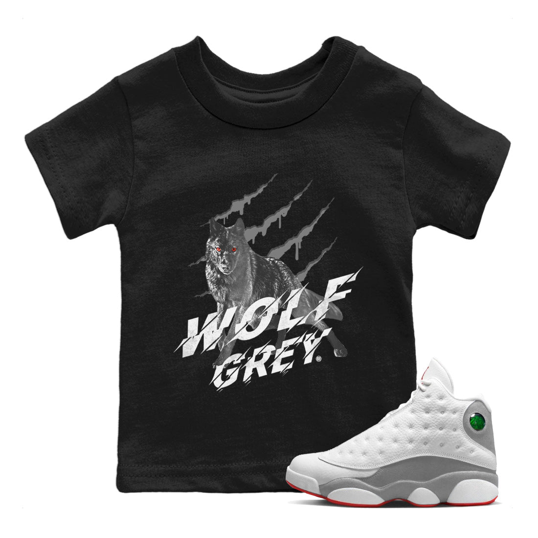Air Jordan 13 Wolf Grey Sneaker Match Tees Wolf Scratch Sneaker Tees Air Jordan 13 Retro Wolf Grey T-Shirt Kids Shirts Black 1