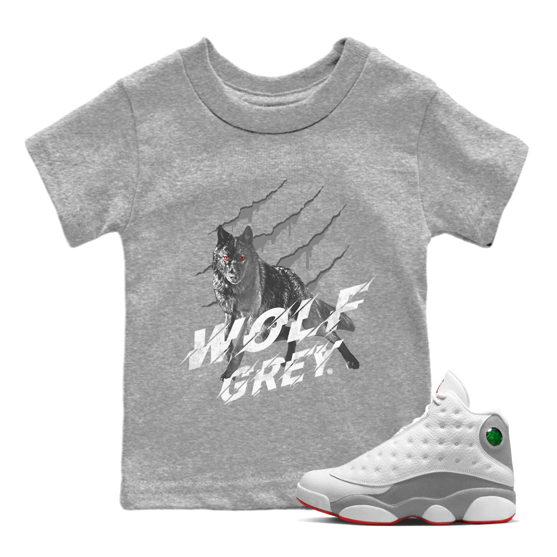 Air Jordan 13 Wolf Grey Wolf Scratch Baby and Kids Sneaker Tees Air Jordan 13 Wolf Grey Kids Sneaker Tees Size Chart